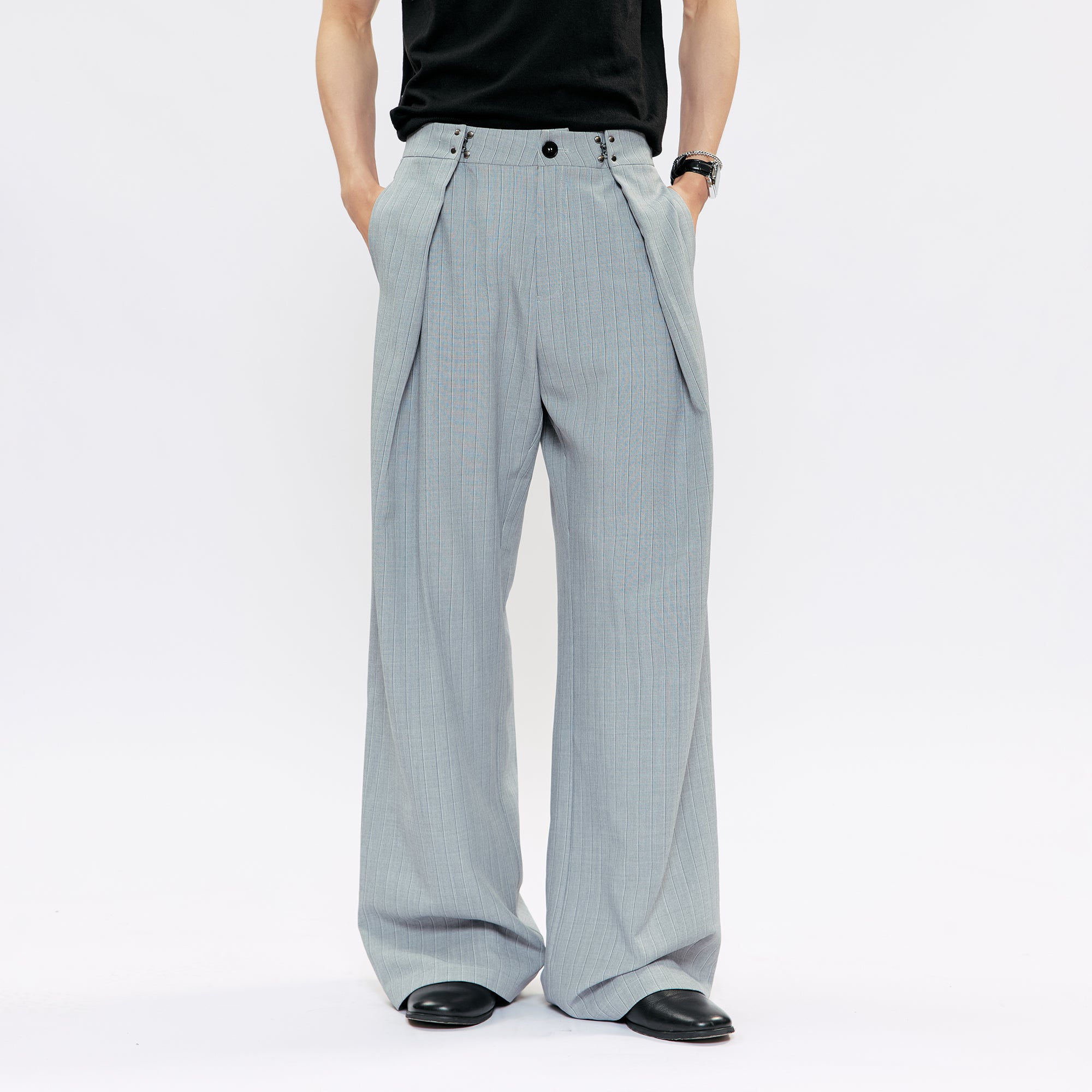 KREATE Pleated Pinstripe Wide-Leg Trousers, premium urban and streetwear designers apparel on PROJECTISR.com, KREATE