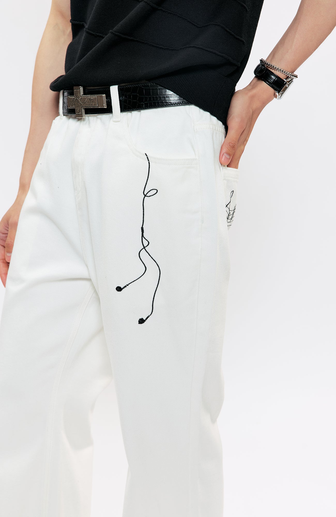 KREATE Music-Note Embroidered Flared Jeans, premium urban and streetwear designers apparel on PROJECTISR.com, KREATE