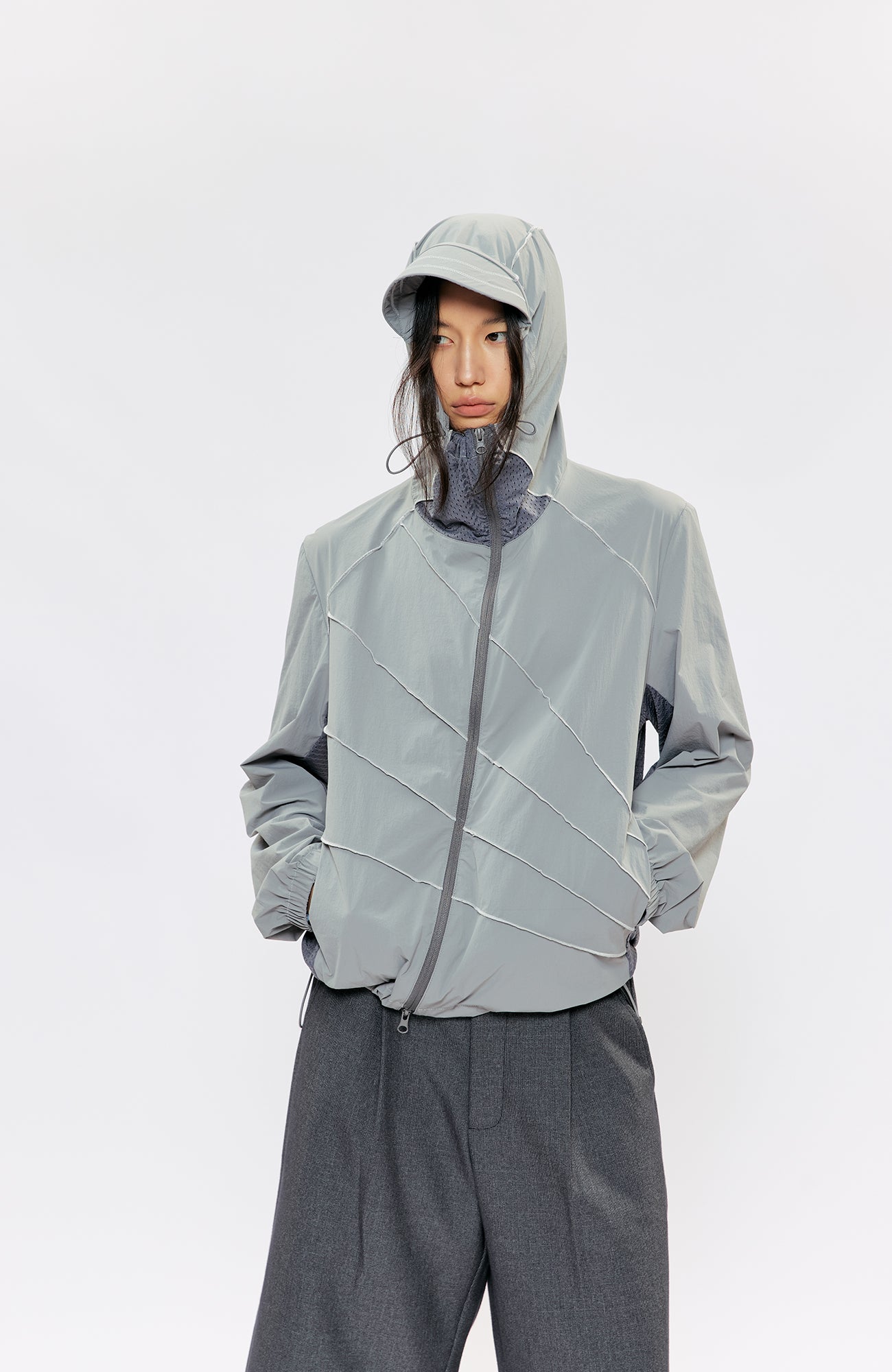 KREATE Asymmetrical Zip-Up UV Hooded Jacket, premium urban and streetwear designers apparel on PROJECTISR.com, KREATE