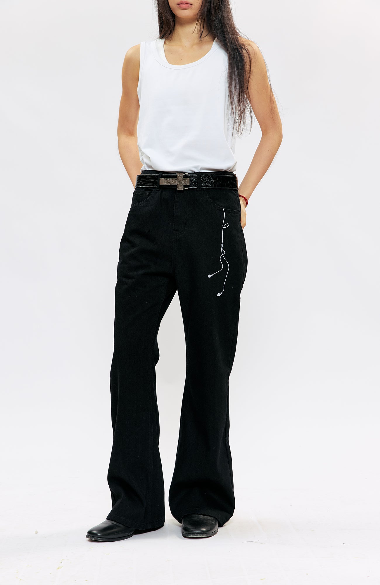 KREATE Music-Note Embroidered Flared Jeans, premium urban and streetwear designers apparel on PROJECTISR.com, KREATE