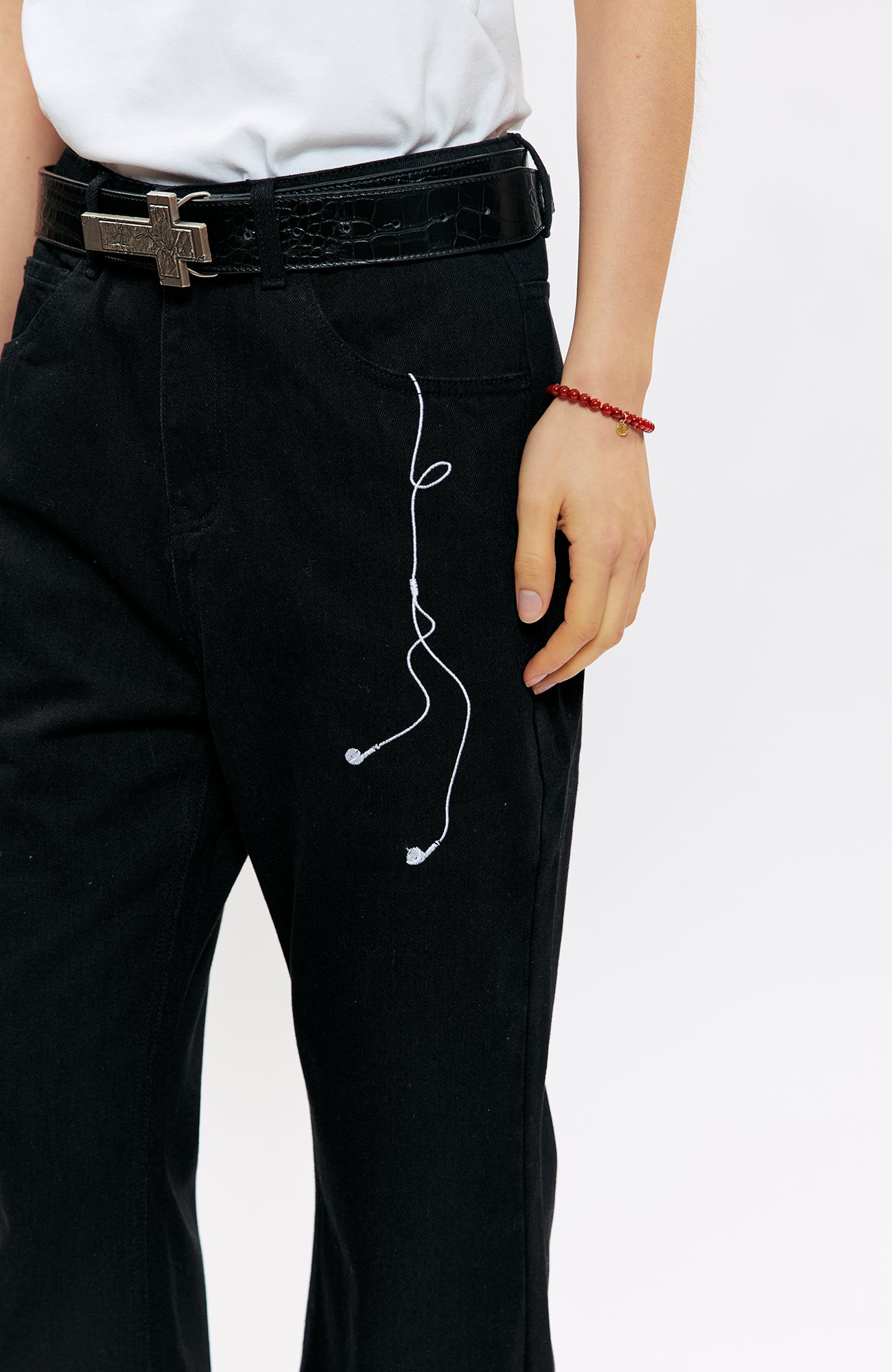 KREATE Music-Note Embroidered Flared Jeans, premium urban and streetwear designers apparel on PROJECTISR.com, KREATE