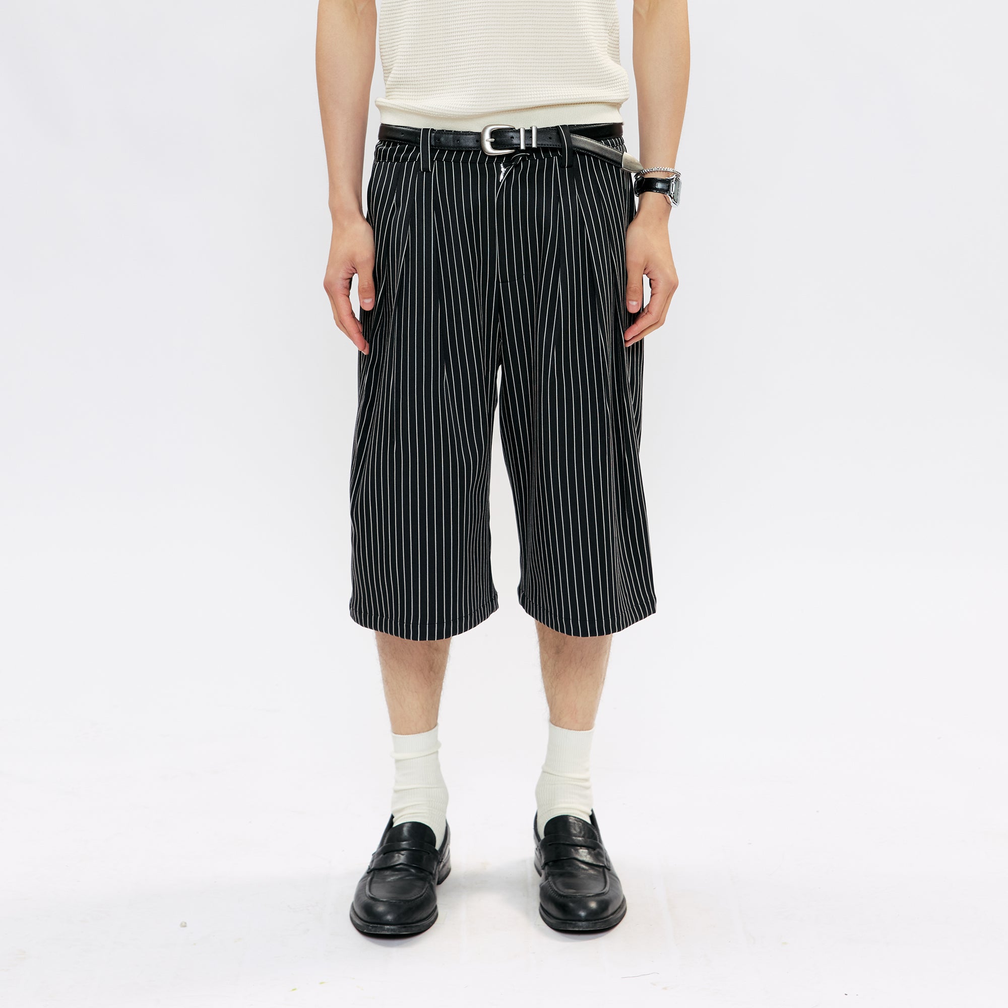 KREATE Pinstripe Pleated Suit Shorts, premium urban and streetwear designers apparel on PROJECTISR.com, KREATE