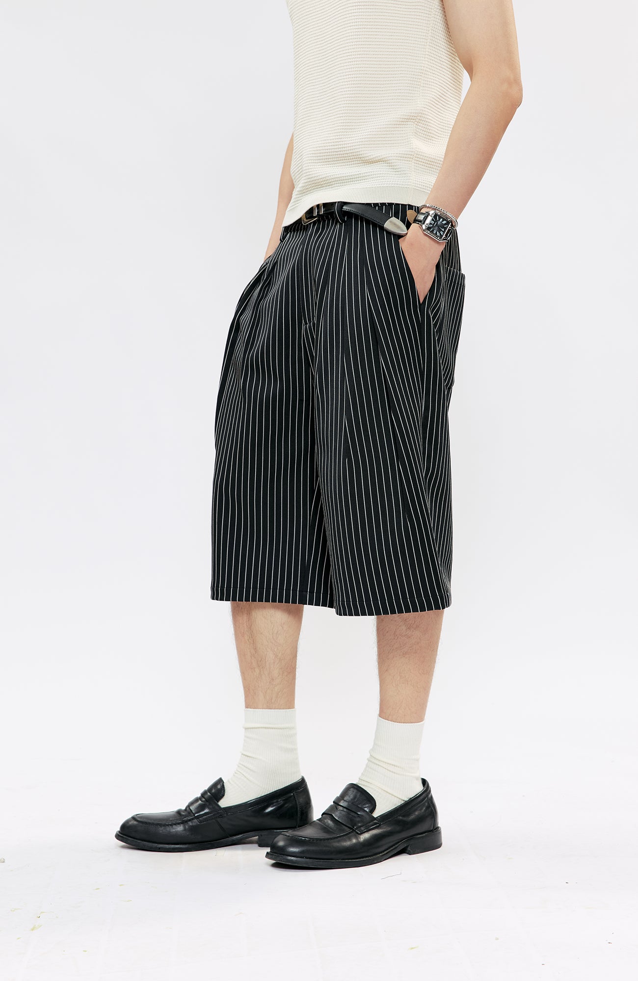 KREATE Pinstripe Pleated Suit Shorts, premium urban and streetwear designers apparel on PROJECTISR.com, KREATE