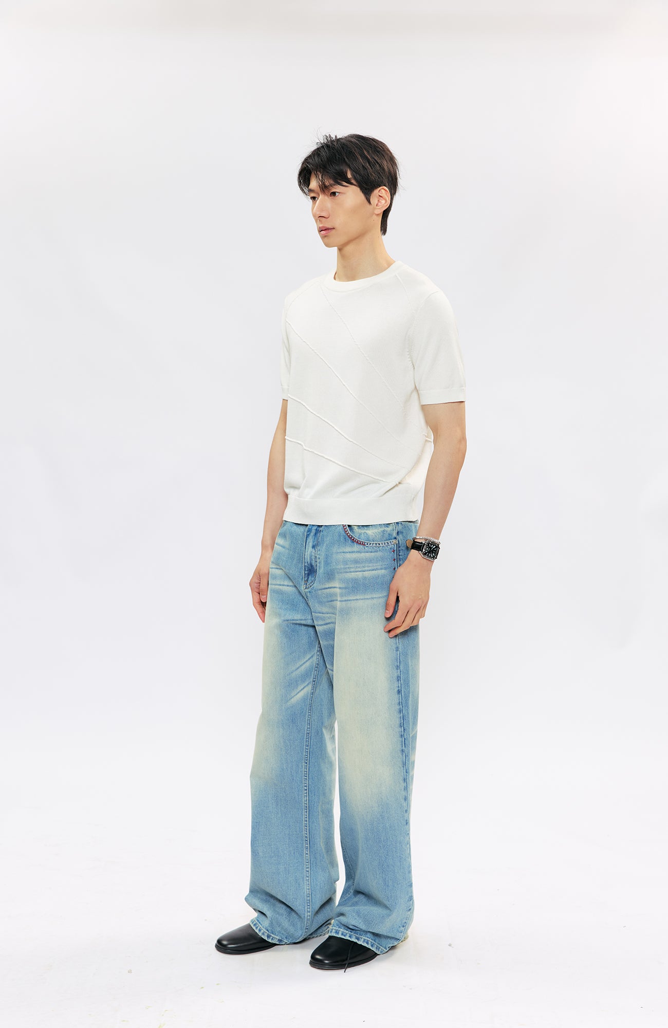 KREATE KREATE Cross-Stitch Wide-Leg Washed Jeans, premium urban and streetwear designers apparel on PROJECTISR.com, KREATE
