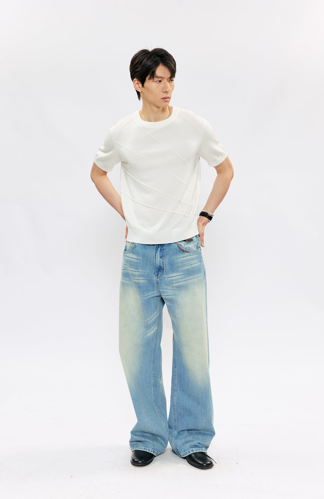 KREATE KREATE Cross-Stitch Wide-Leg Washed Jeans, premium urban and streetwear designers apparel on PROJECTISR.com, KREATE