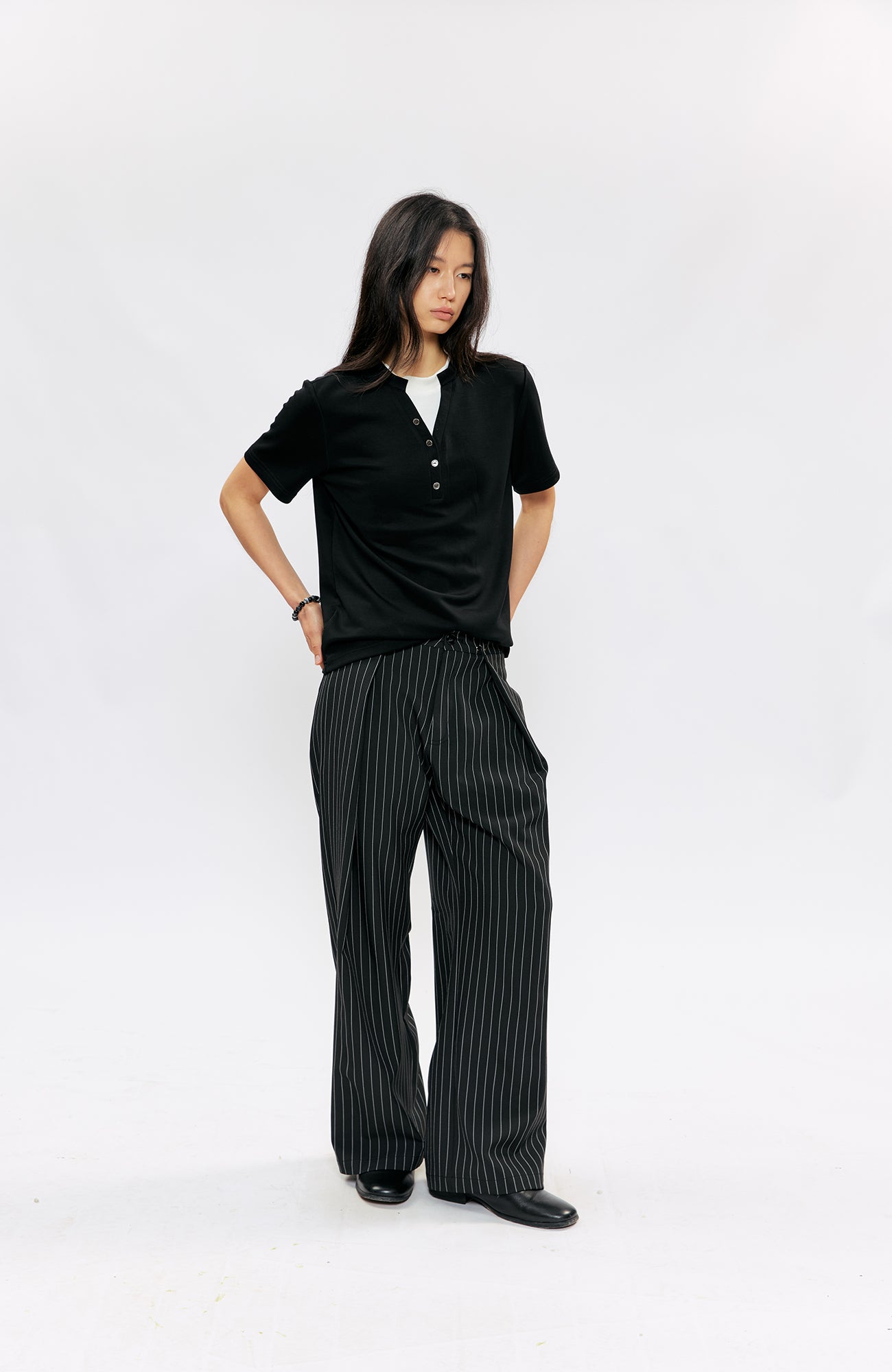 KREATE Pleated Pinstripe Wide-Leg Trousers, premium urban and streetwear designers apparel on PROJECTISR.com, KREATE