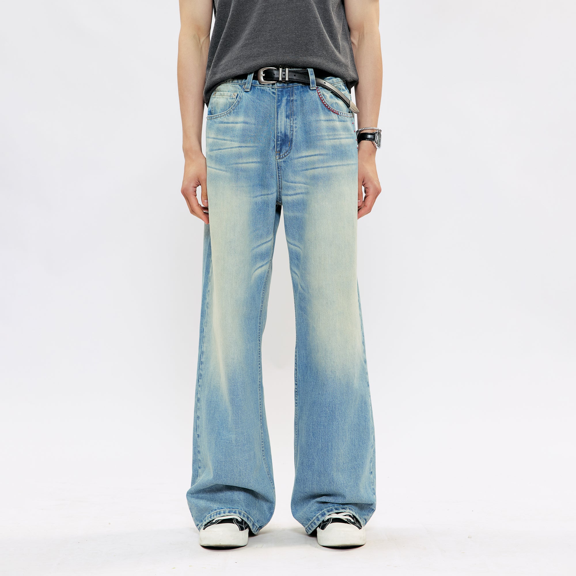 KREATE KREATE Cross-Stitch Wide-Leg Washed Jeans, premium urban and streetwear designers apparel on PROJECTISR.com, KREATE