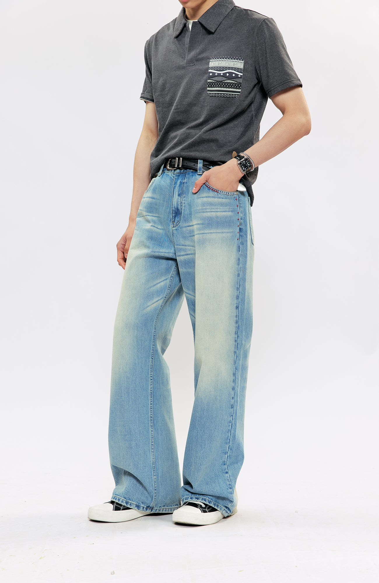 KREATE KREATE Cross-Stitch Wide-Leg Washed Jeans, premium urban and streetwear designers apparel on PROJECTISR.com, KREATE