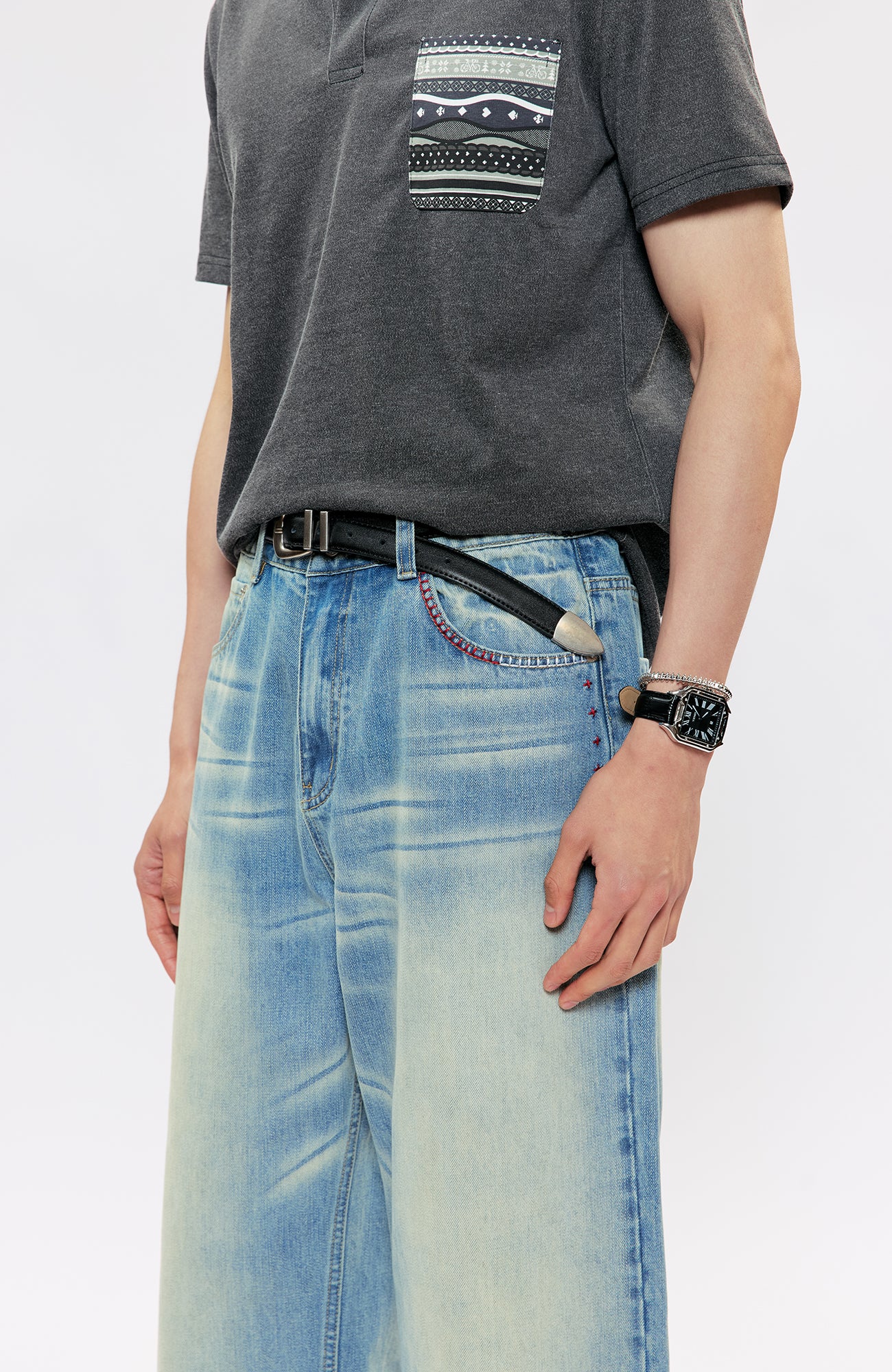 KREATE KREATE Cross-Stitch Wide-Leg Washed Jeans, premium urban and streetwear designers apparel on PROJECTISR.com, KREATE