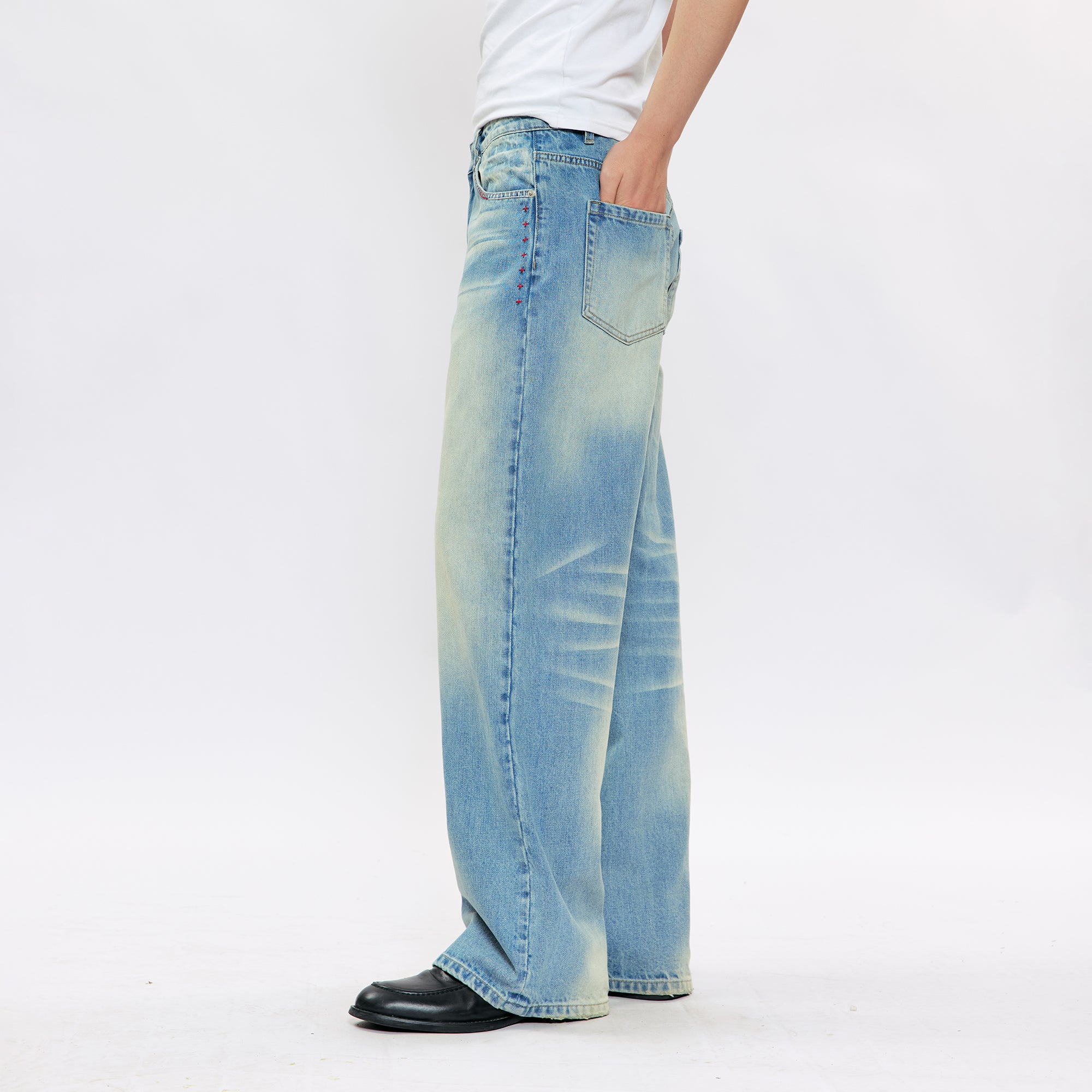 KREATE KREATE Cross-Stitch Wide-Leg Washed Jeans, premium urban and streetwear designers apparel on PROJECTISR.com, KREATE