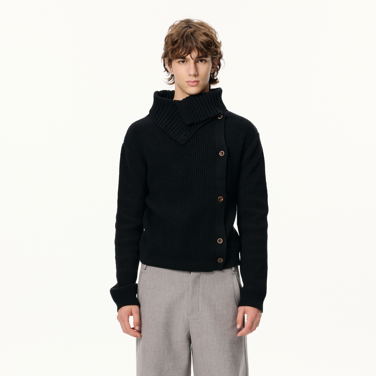 KREATE Asymmetrical Collar Ribbed Open-Front Sweater