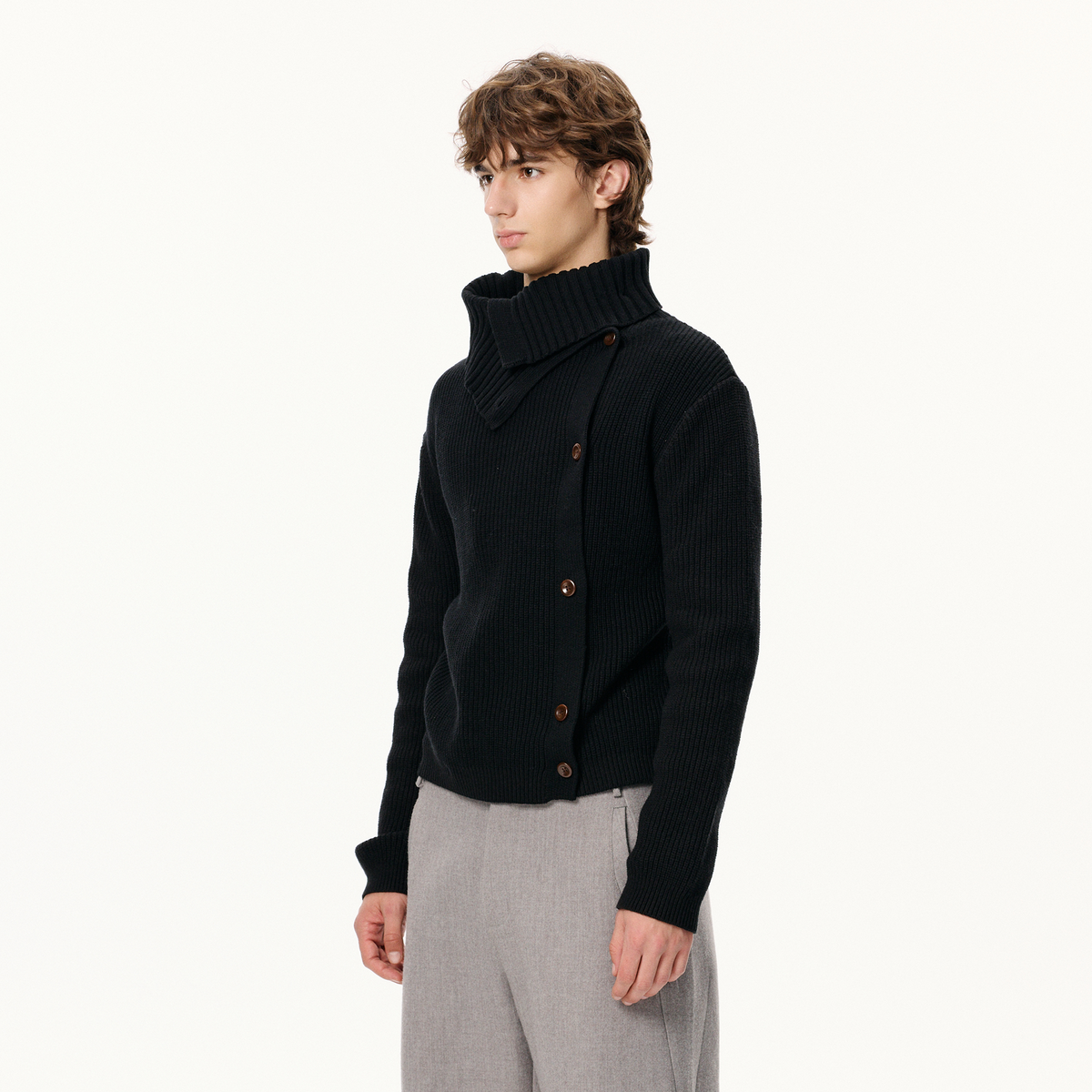 KREATE Asymmetrical Collar Ribbed Open-Front Sweater