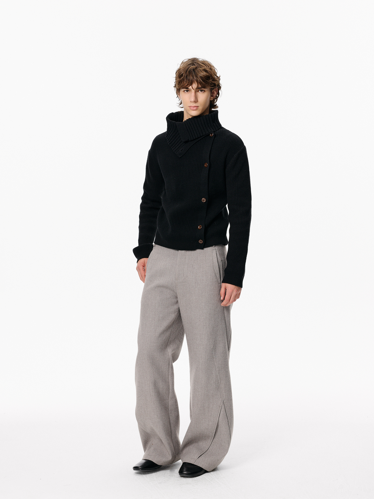 KREATE Asymmetrical Collar Ribbed Open-Front Sweater
