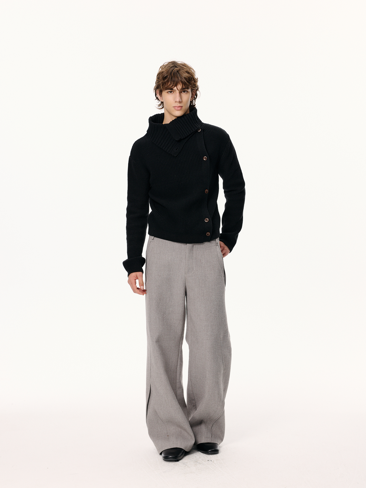 KREATE Asymmetrical Collar Ribbed Open-Front Sweater