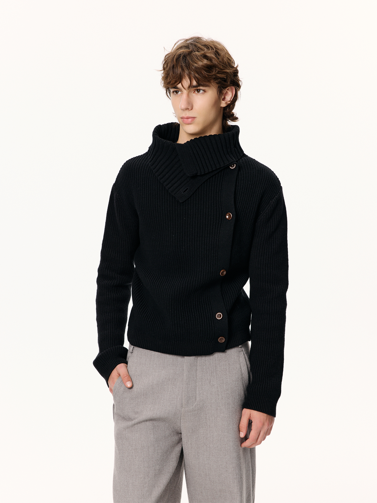 KREATE Asymmetrical Collar Ribbed Open-Front Sweater