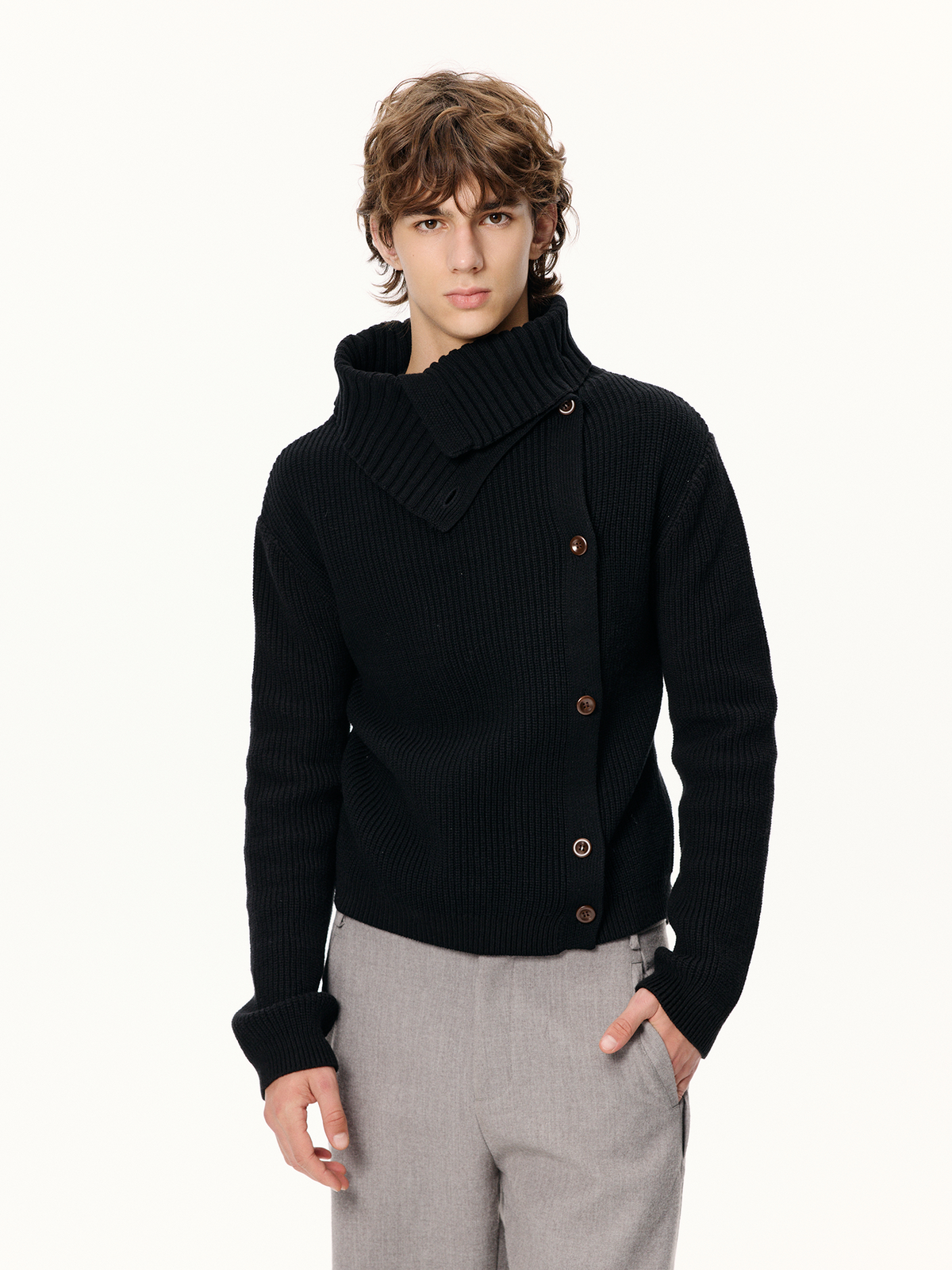 KREATE Asymmetrical Collar Ribbed Open-Front Sweater