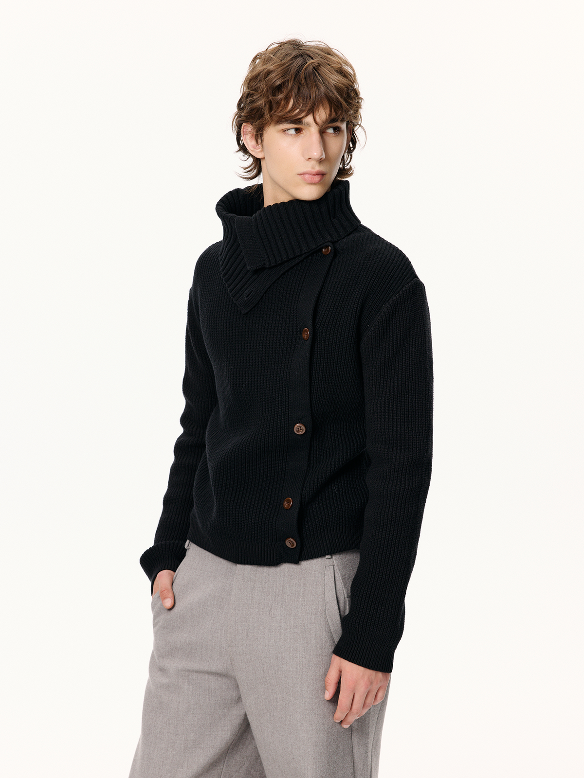 KREATE Asymmetrical Collar Ribbed Open-Front Sweater