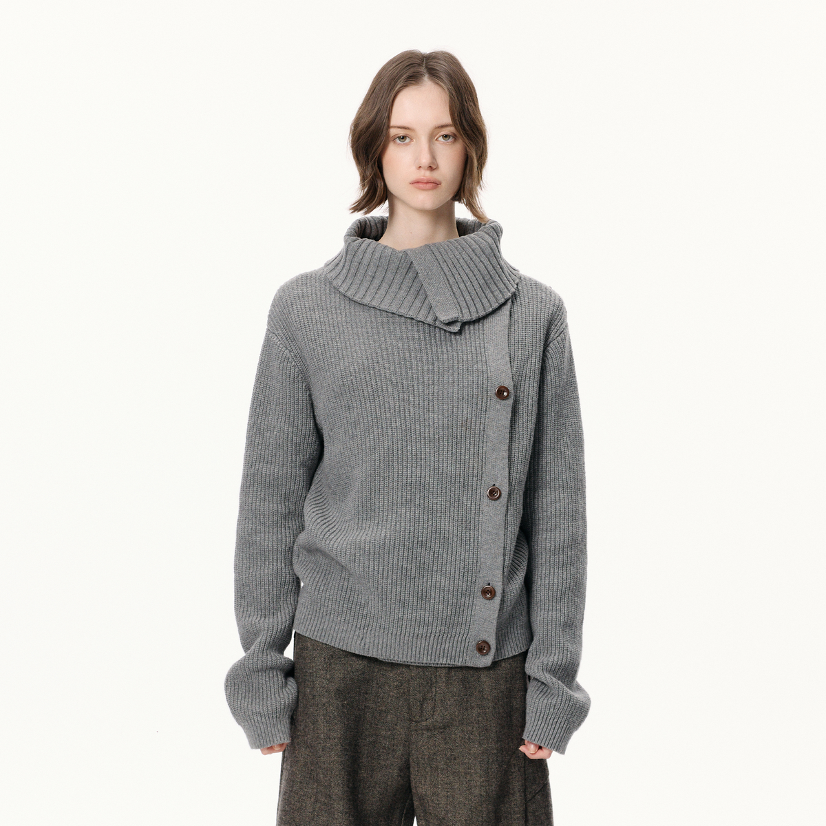 KREATE Asymmetrical Collar Ribbed Open-Front Sweater