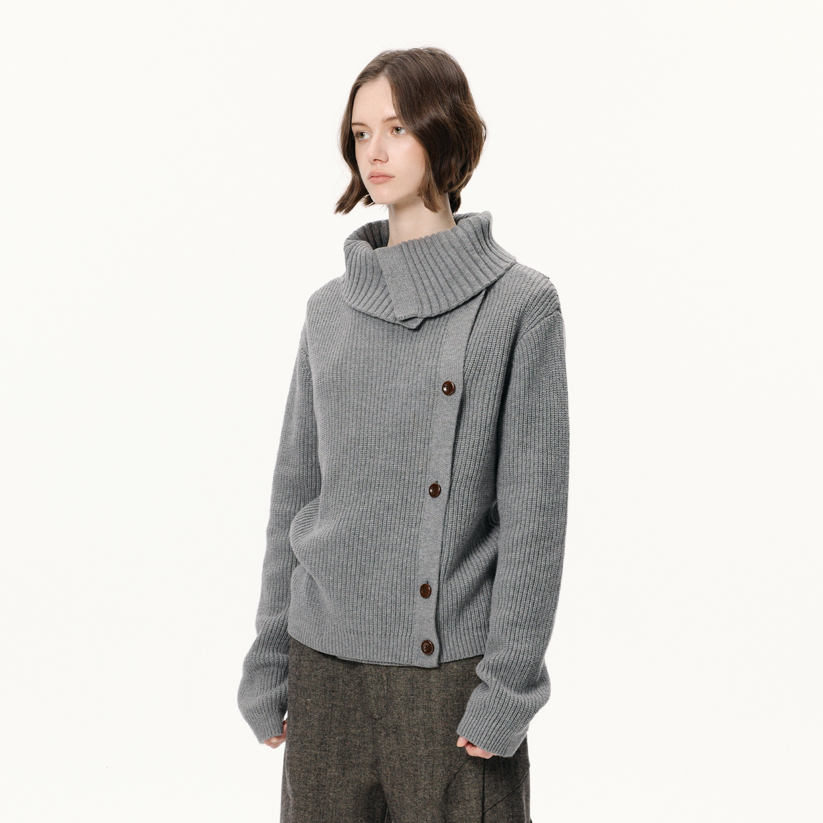 KREATE Asymmetrical Collar Ribbed Open-Front Sweater