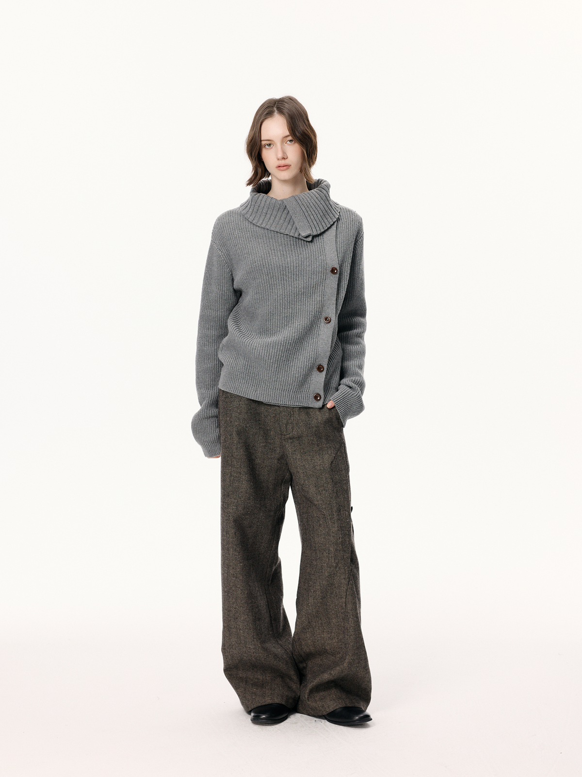 KREATE Asymmetrical Collar Ribbed Open-Front Sweater
