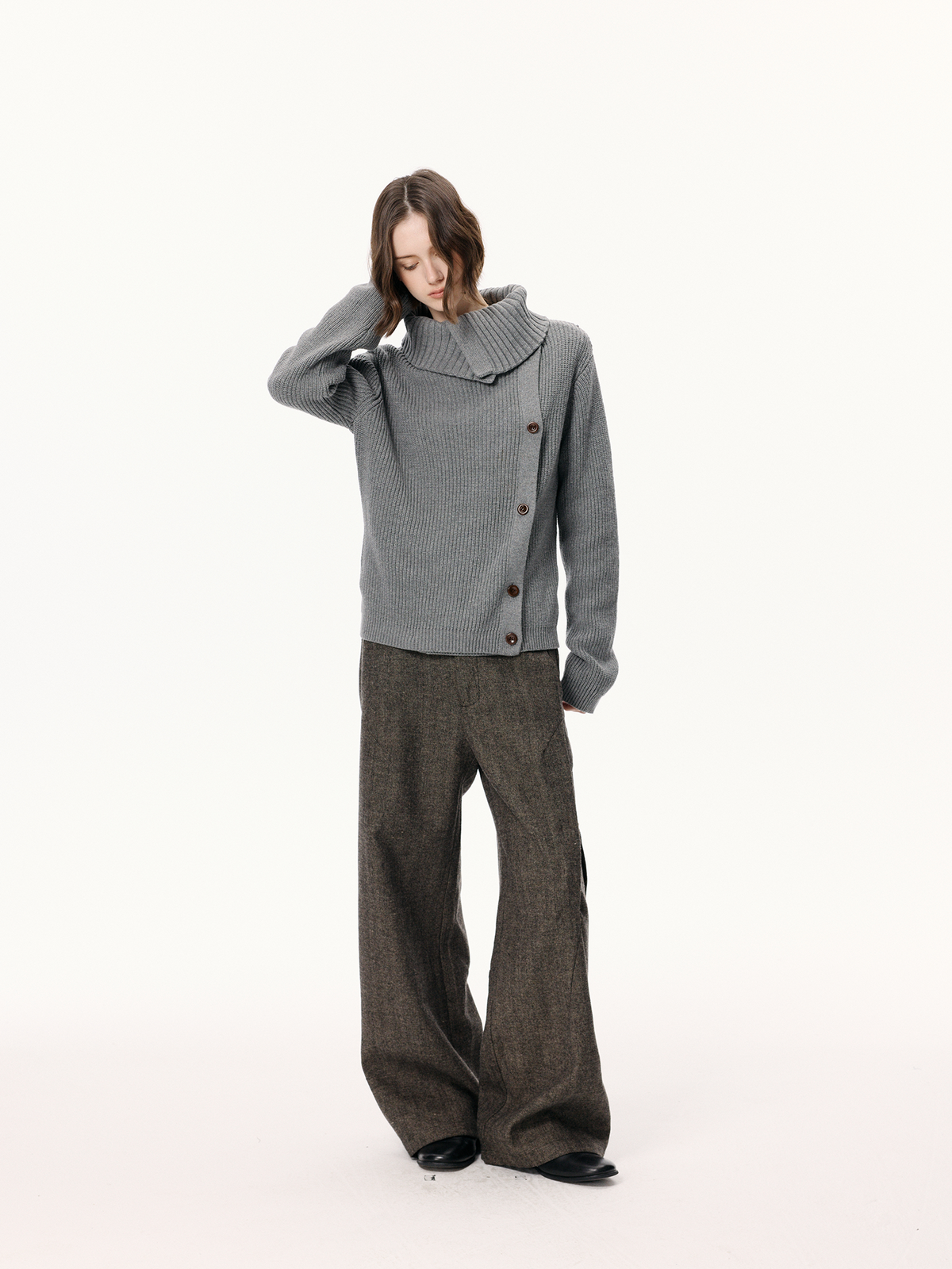 KREATE Asymmetrical Collar Ribbed Open-Front Sweater