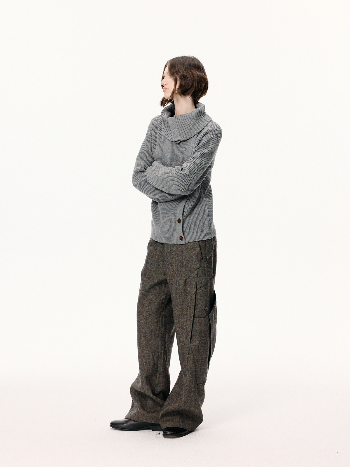 KREATE Asymmetrical Collar Ribbed Open-Front Sweater