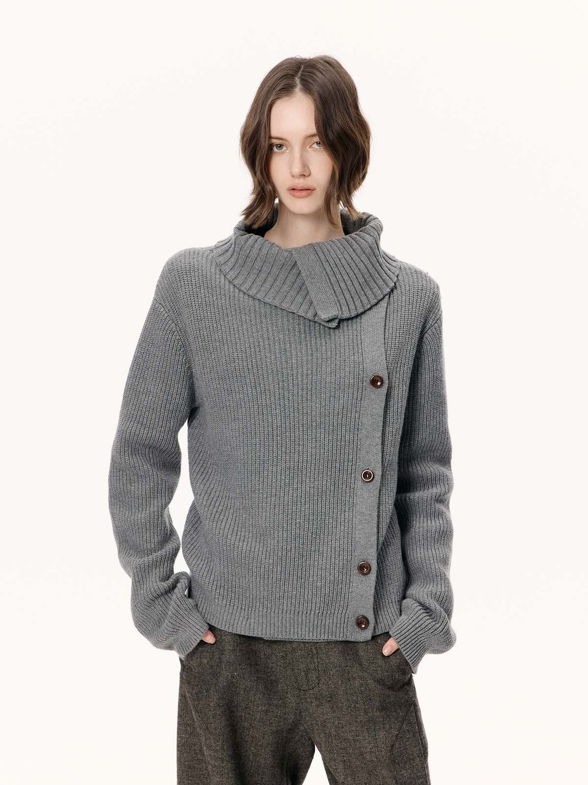 KREATE Asymmetrical Collar Ribbed Open-Front Sweater