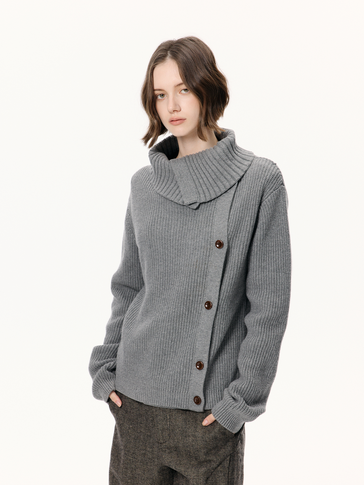 KREATE Asymmetrical Collar Ribbed Open-Front Sweater