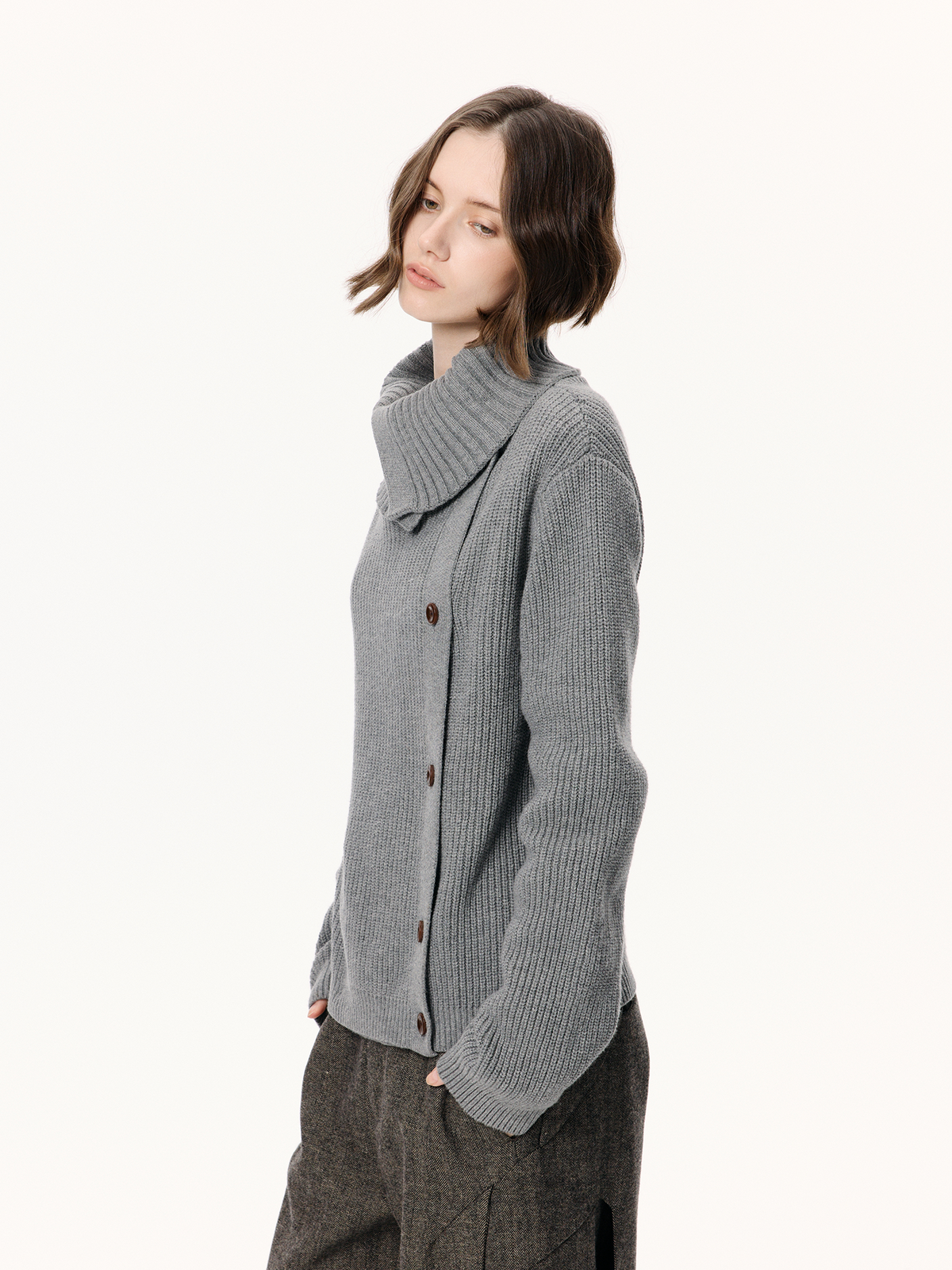 KREATE Asymmetrical Collar Ribbed Open-Front Sweater