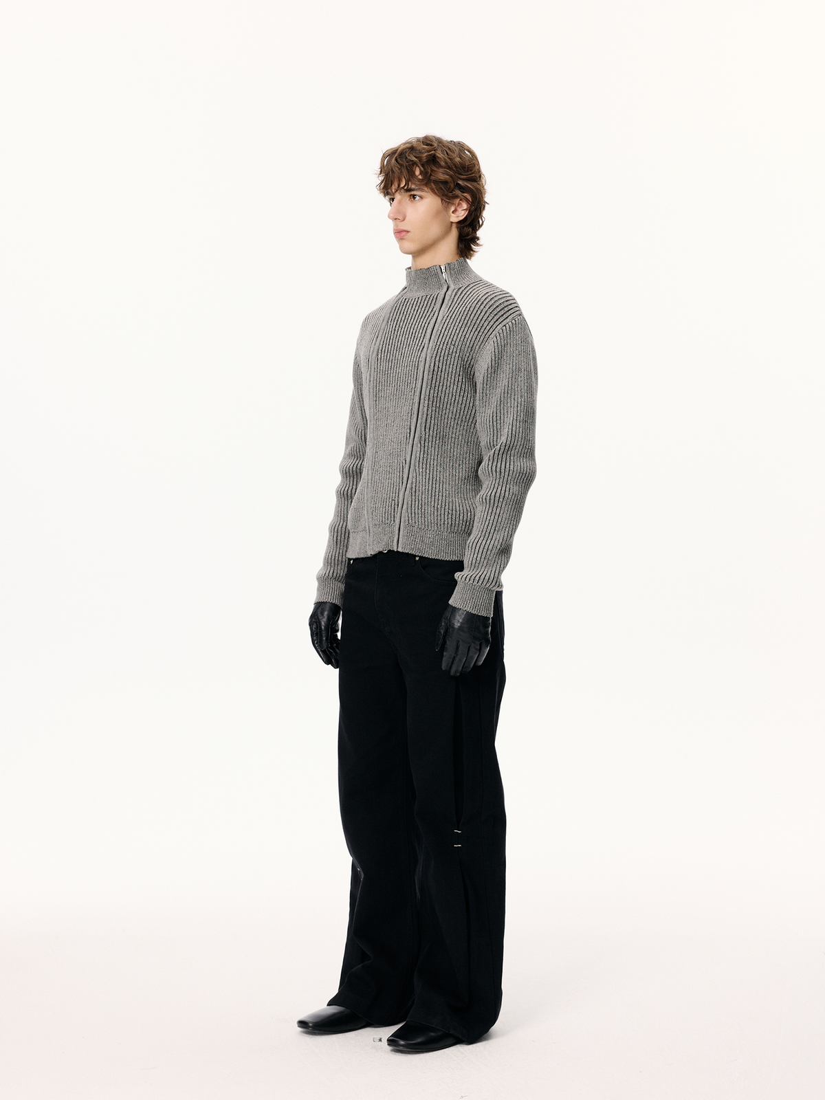 KREATE Double-Zip Ribbed Knit Stand-Collar Cardigan