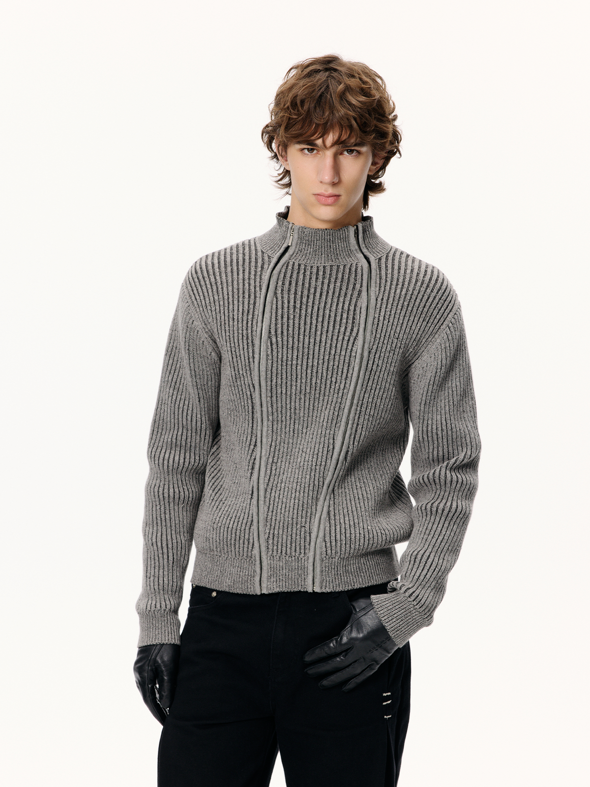 KREATE Double-Zip Ribbed Knit Stand-Collar Cardigan