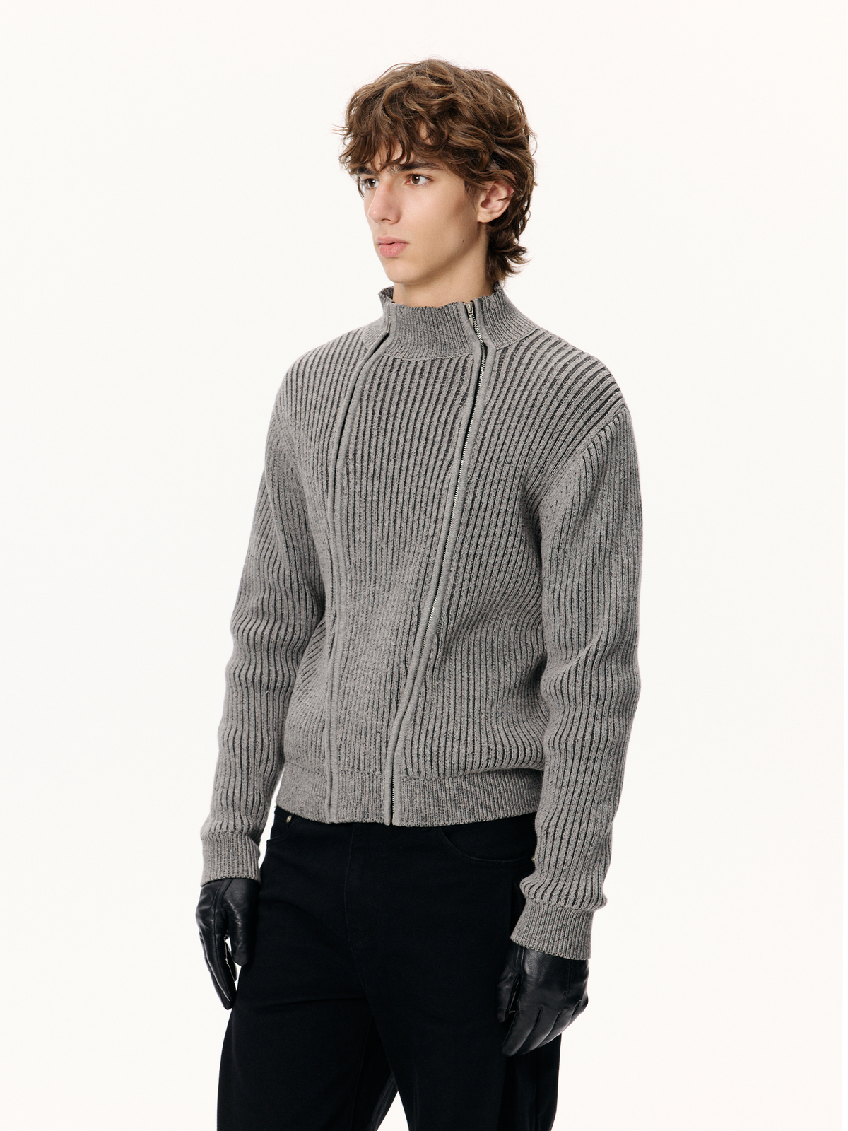 KREATE Double-Zip Ribbed Knit Stand-Collar Cardigan