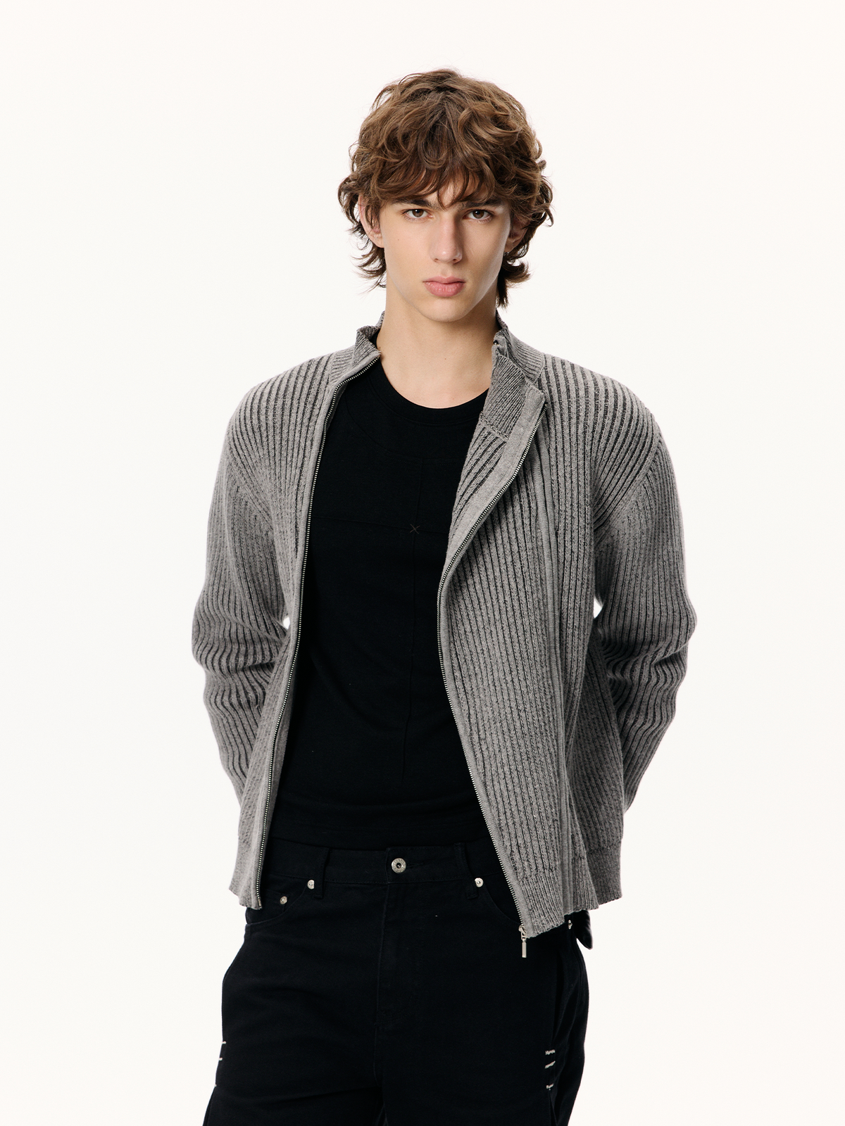KREATE Double-Zip Ribbed Knit Stand-Collar Cardigan
