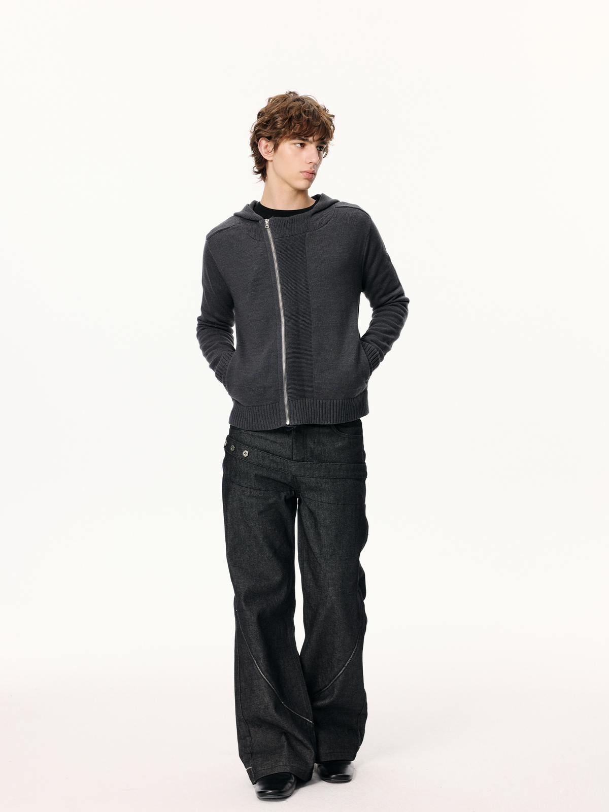 KREATE Ribbed Spliced Zip-Up Hoodie Cardigan