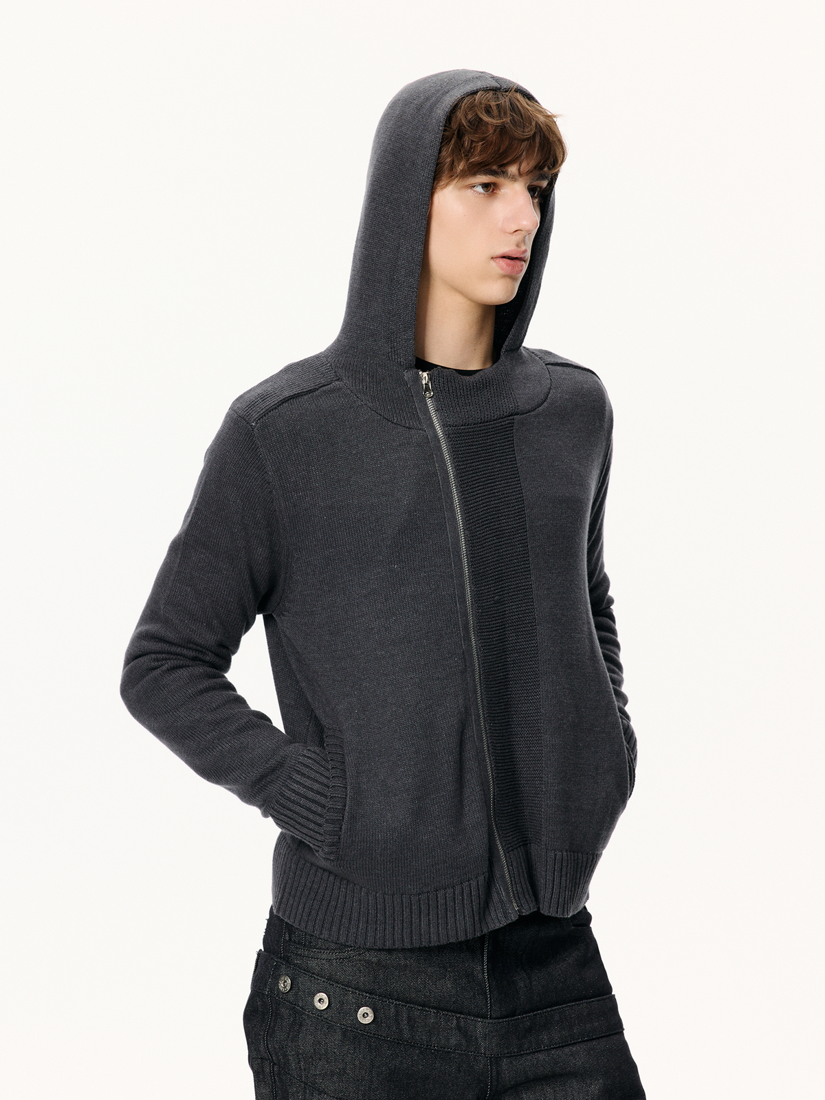 KREATE Ribbed Spliced Zip-Up Hoodie Cardigan