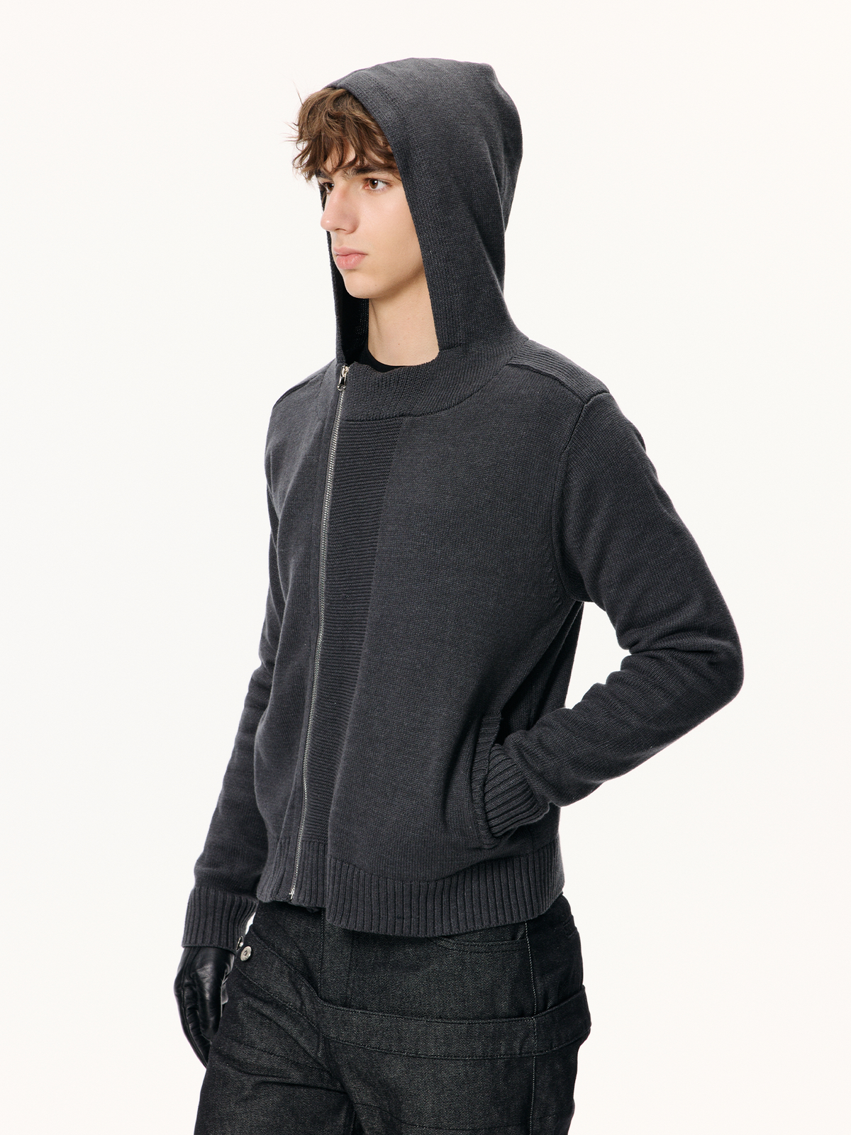 KREATE Ribbed Spliced Zip-Up Hoodie Cardigan