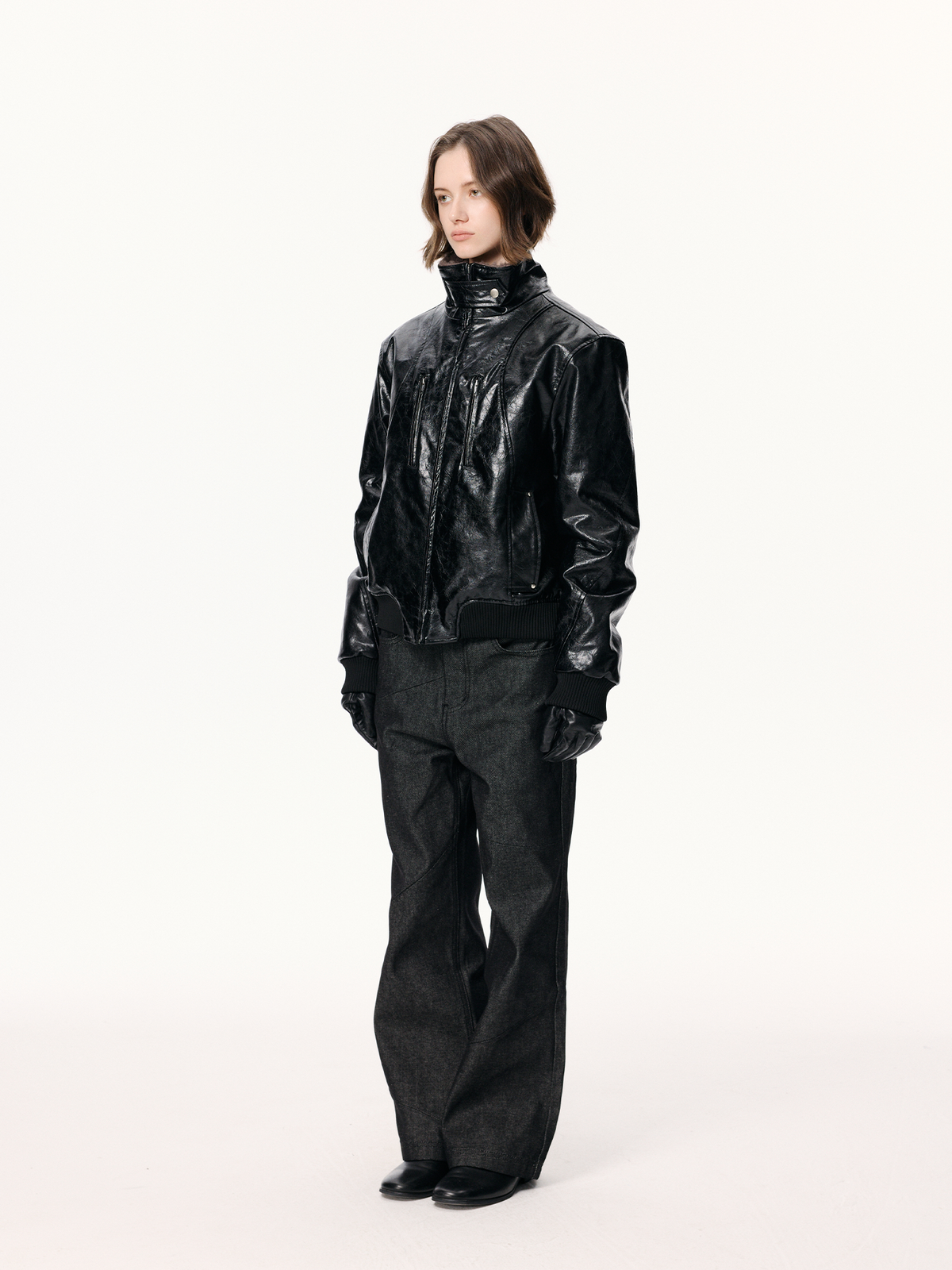 KREATE Faux Leather Fur-Collar Stand-Collar Padded Jacket