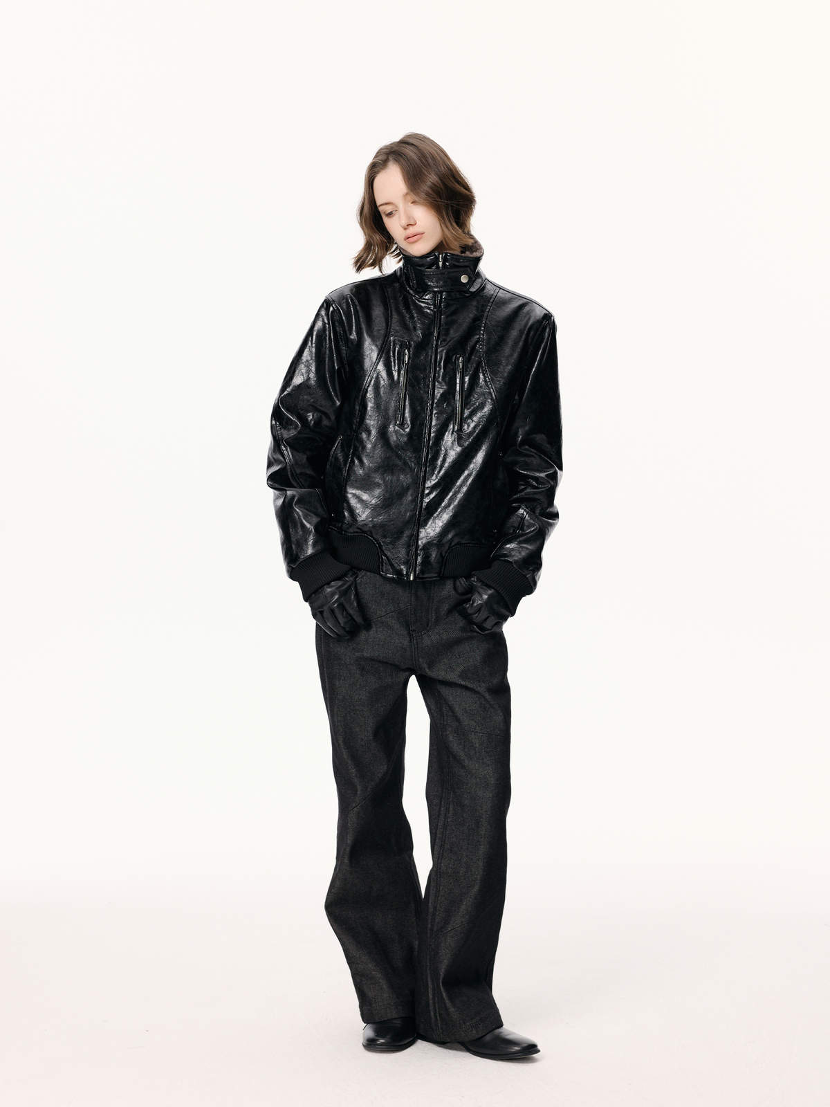 KREATE Faux Leather Fur-Collar Stand-Collar Padded Jacket