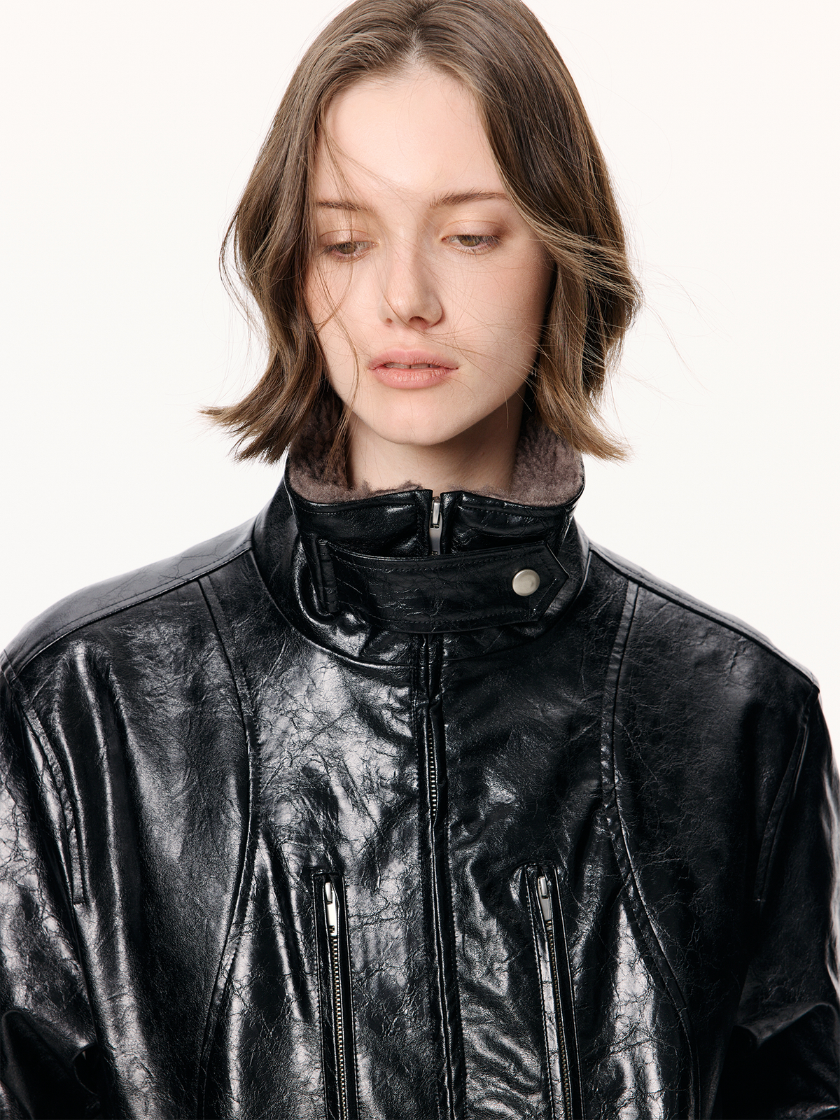 KREATE Faux Leather Fur-Collar Stand-Collar Padded Jacket