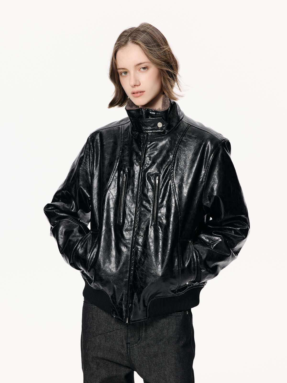 KREATE Faux Leather Fur-Collar Stand-Collar Padded Jacket