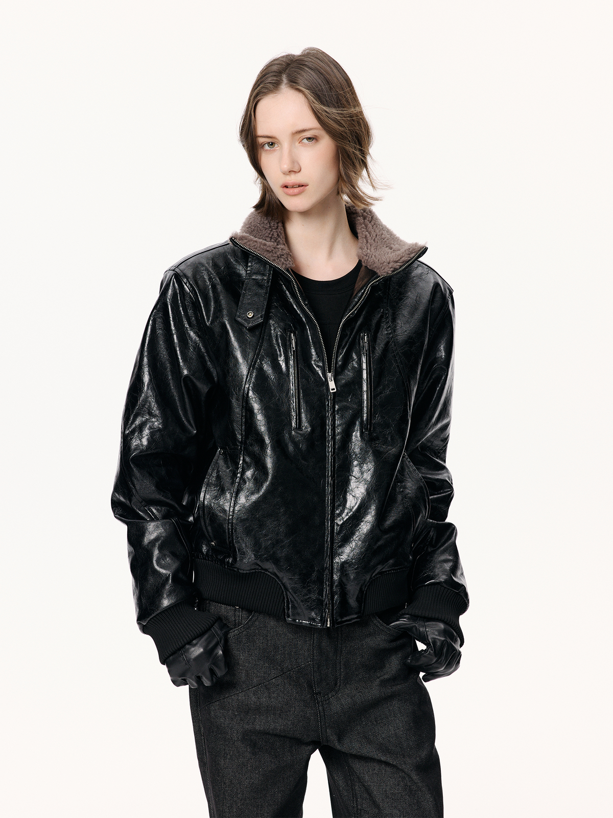 KREATE Faux Leather Fur-Collar Stand-Collar Padded Jacket