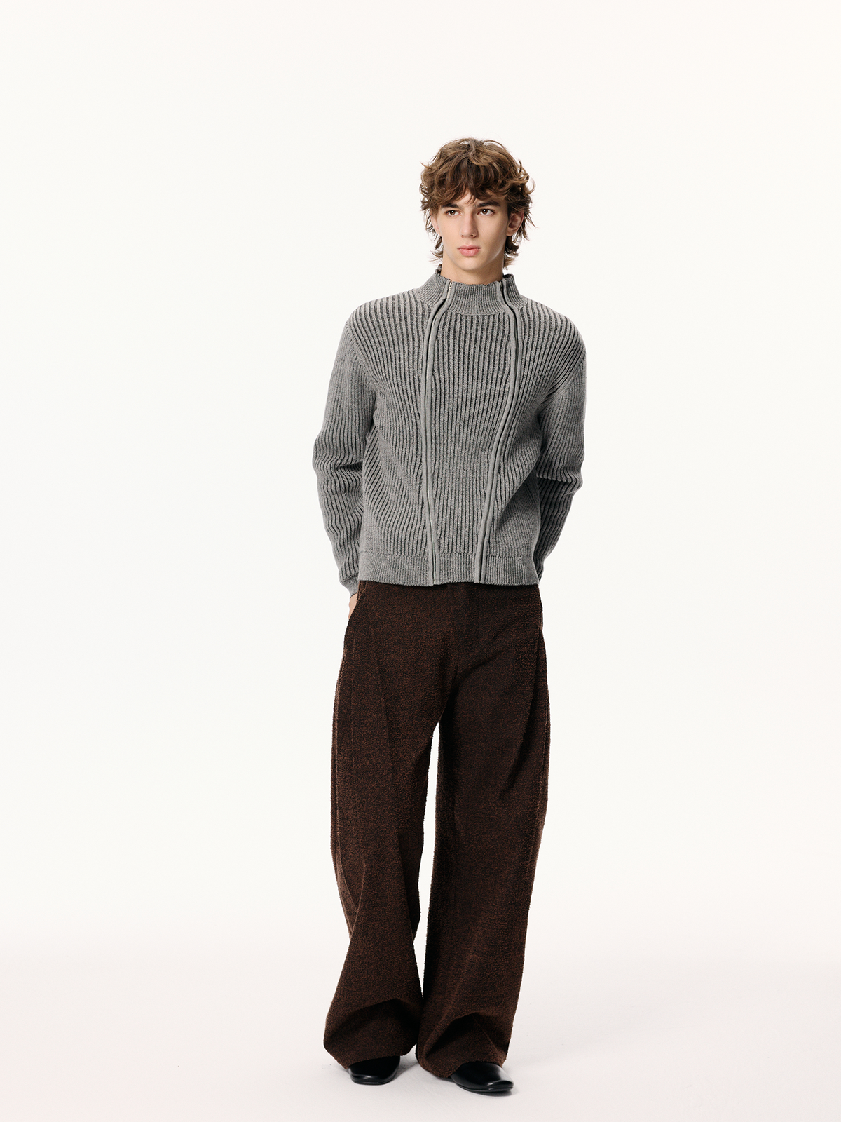 KREATE Double-Zip Ribbed Knit Stand-Collar Cardigan