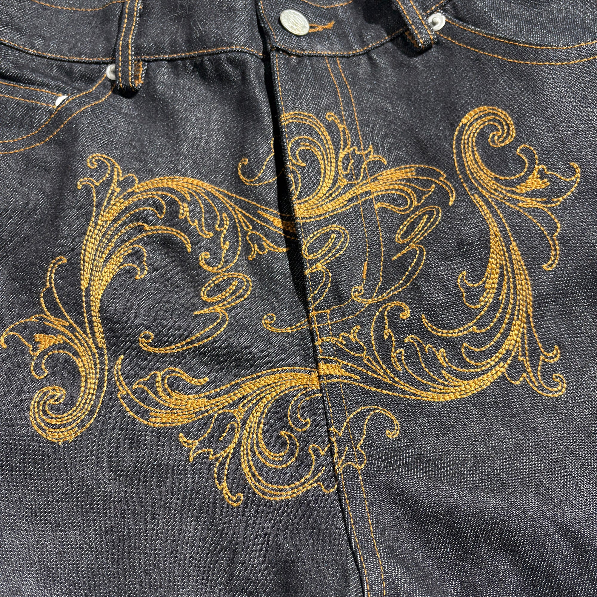 PCCVISION Baroque Embroidered Raw Denim Stacked Jeans
