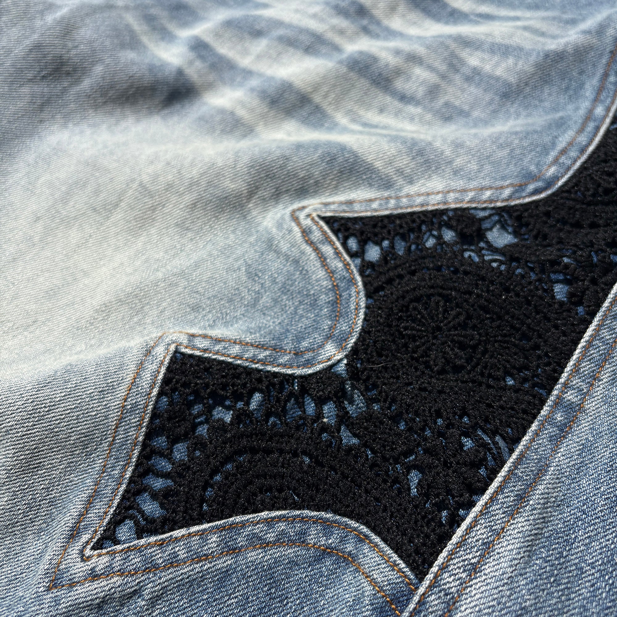 PCCVISION Lace Spliced Washed Wide-Leg Jeans