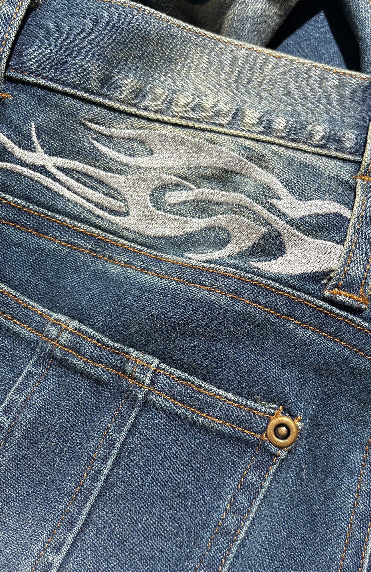 PCCVISION Washed Flap Pockets Slim Flared Jeans