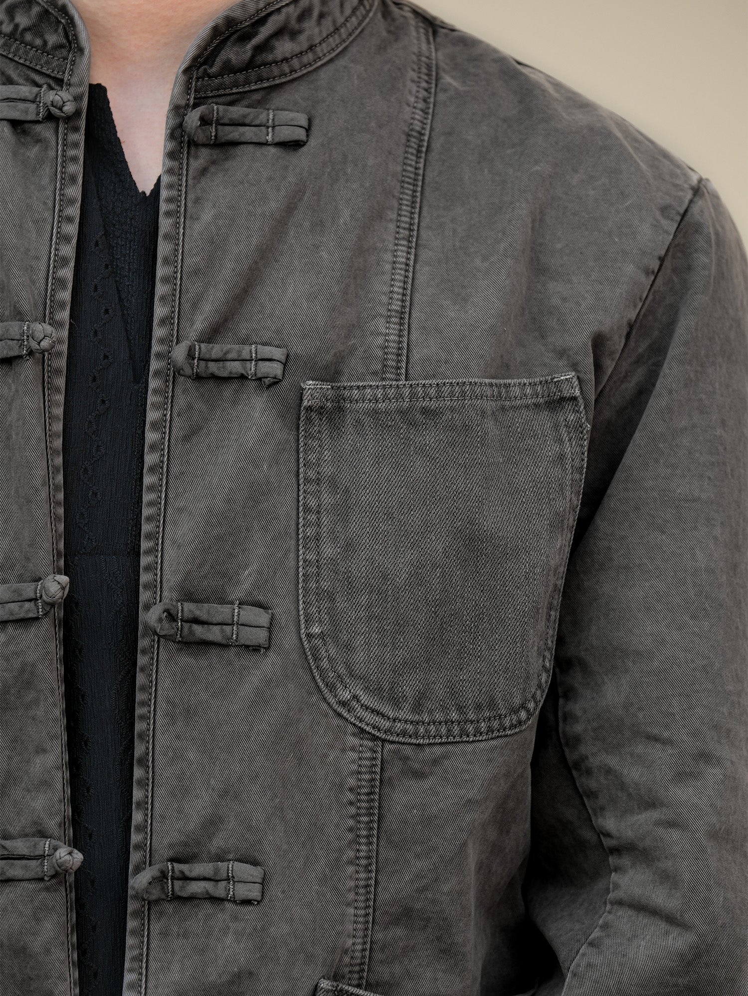 NEIGBORL Washed Frog-Closure Stand-Collar Jacket, premium urban and streetwear designers apparel on PROJECTISR.com, NEIGBORL