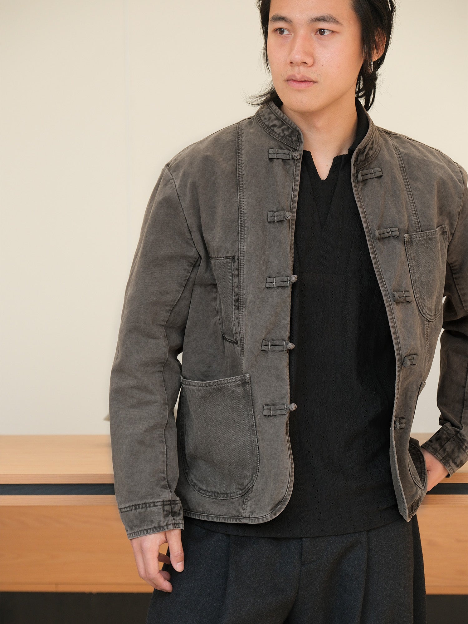 NEIGBORL Washed Frog-Closure Stand-Collar Jacket, premium urban and streetwear designers apparel on PROJECTISR.com, NEIGBORL