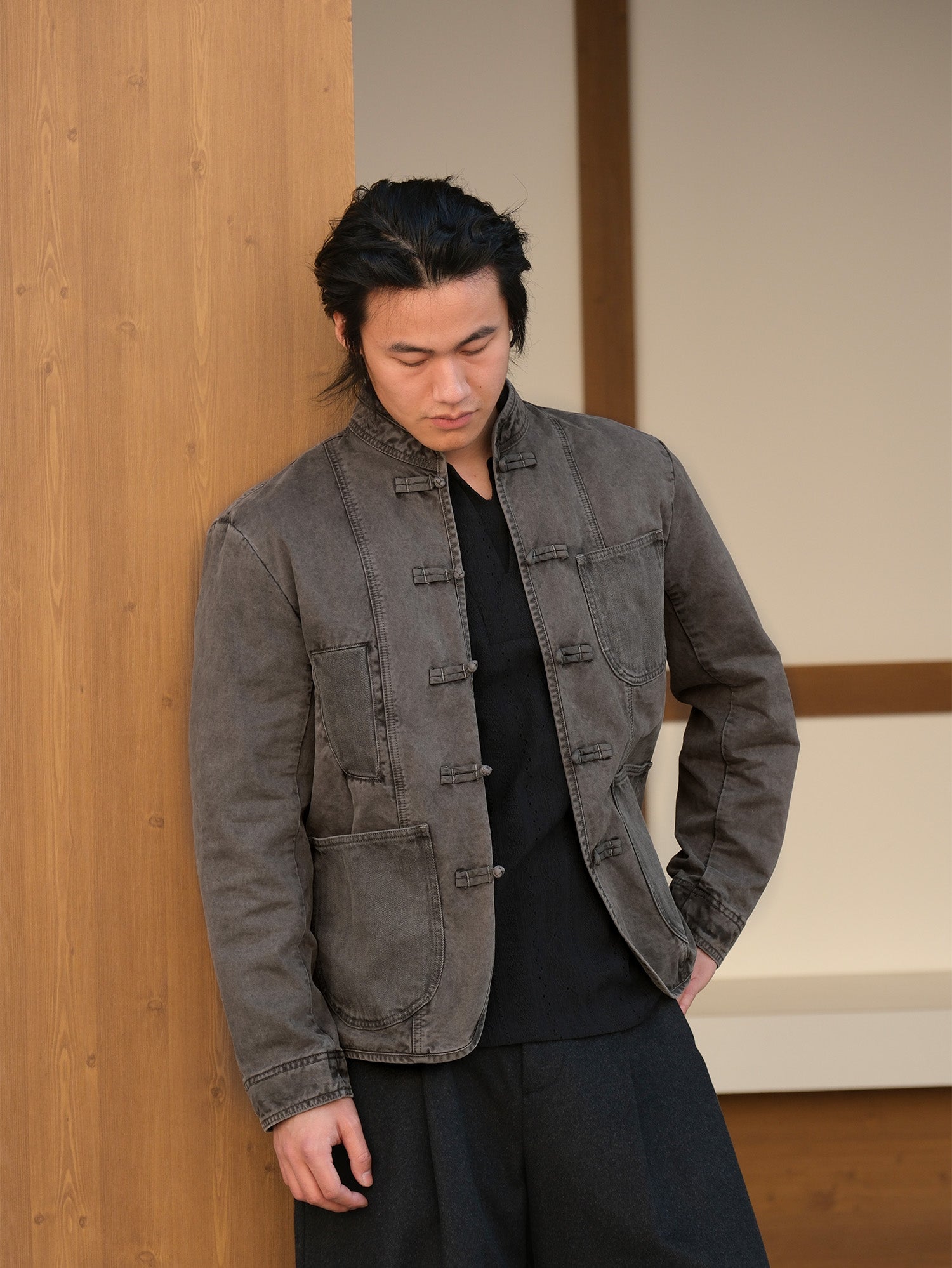 NEIGBORL Washed Frog-Closure Stand-Collar Jacket, premium urban and streetwear designers apparel on PROJECTISR.com, NEIGBORL