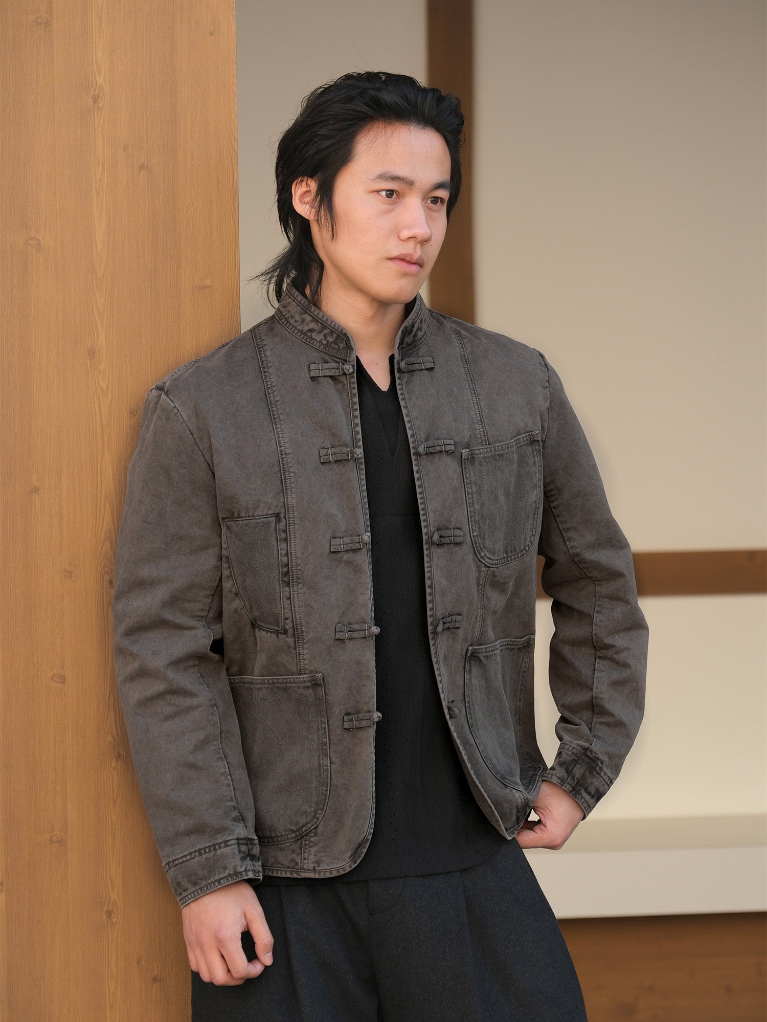 NEIGBORL Washed Frog-Closure Stand-Collar Jacket, premium urban and streetwear designers apparel on PROJECTISR.com, NEIGBORL