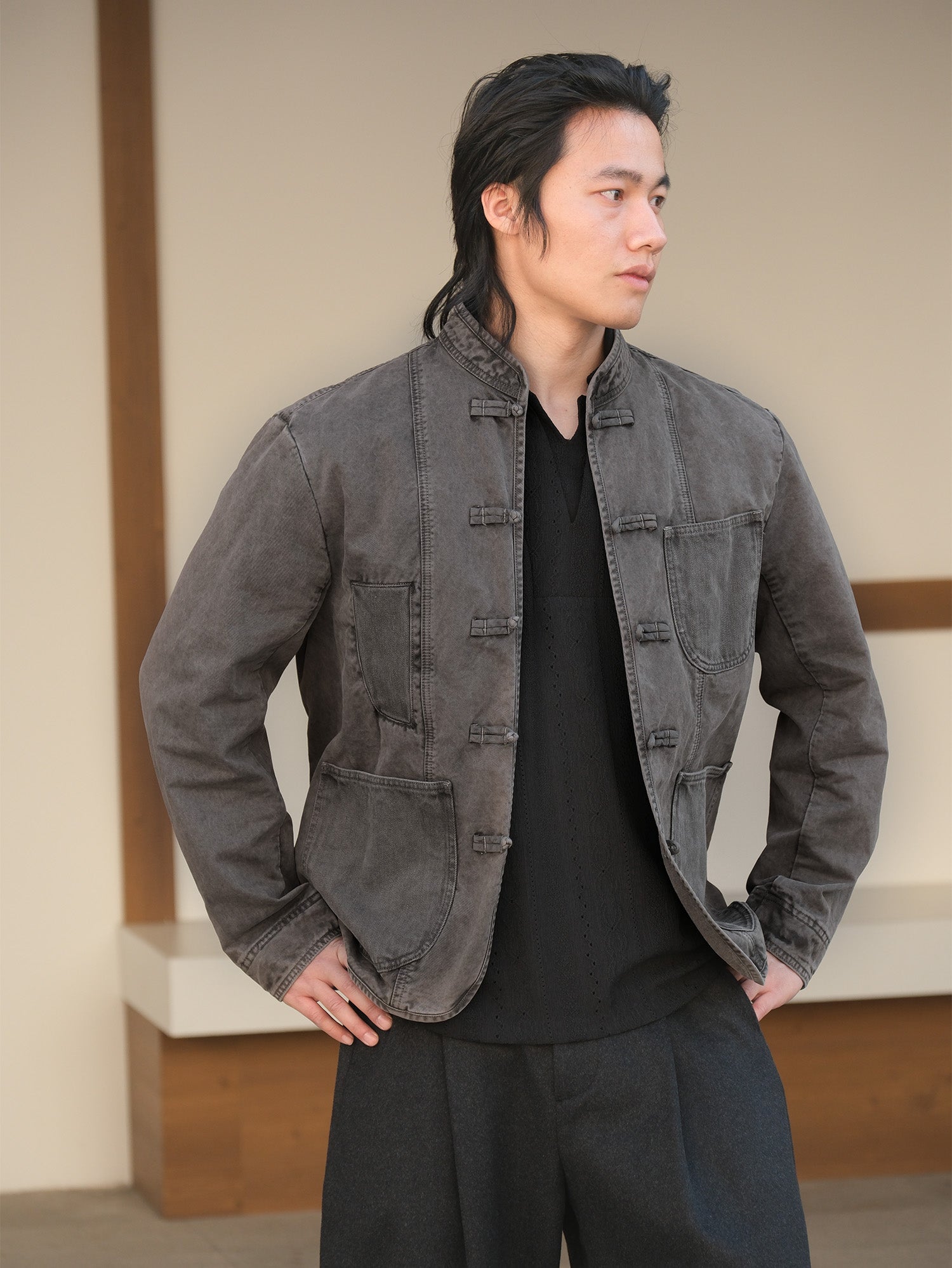 NEIGBORL Washed Frog-Closure Stand-Collar Jacket, premium urban and streetwear designers apparel on PROJECTISR.com, NEIGBORL